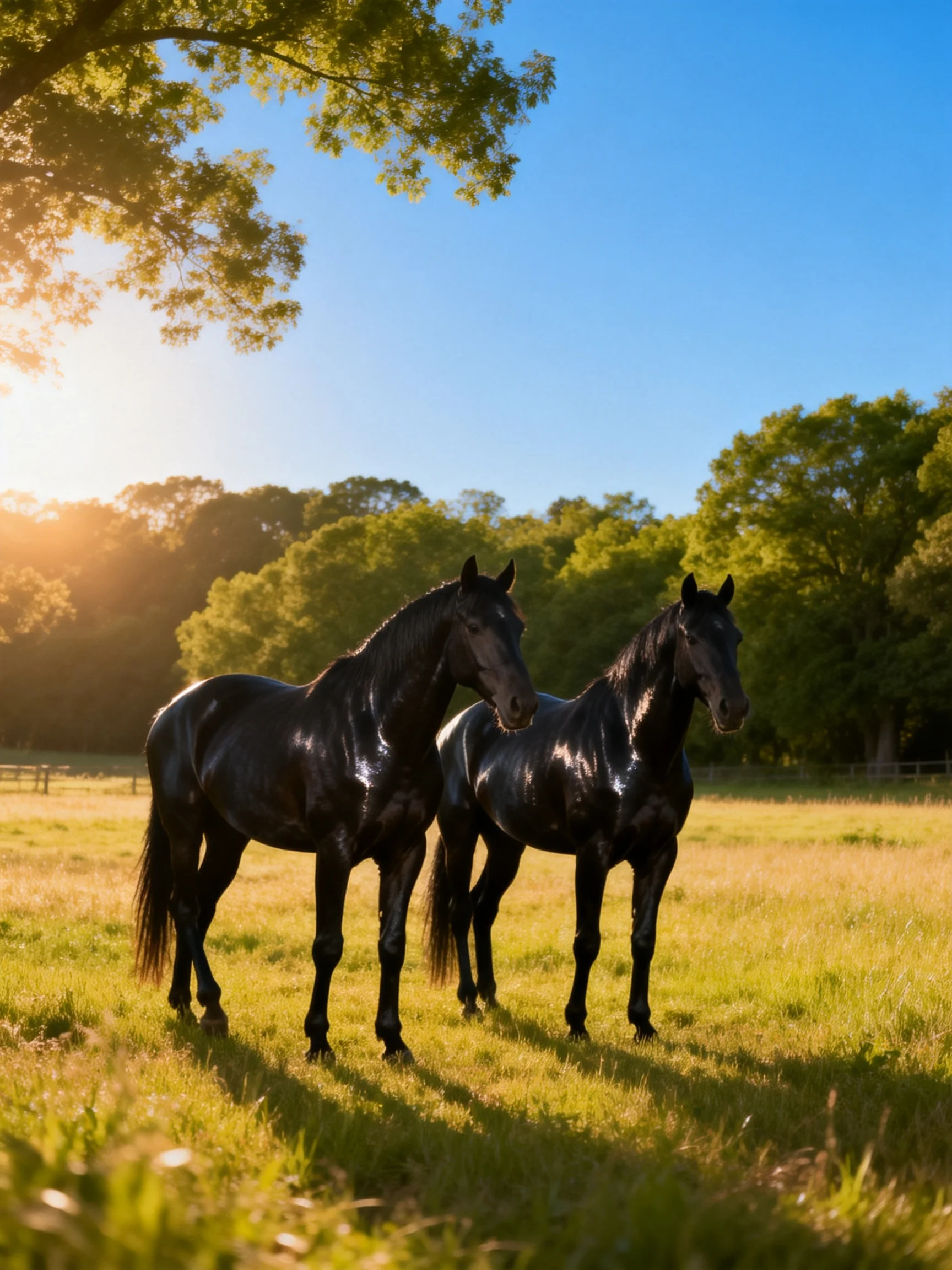 Two glossy black horses in a sunlit grassy meadow with trees