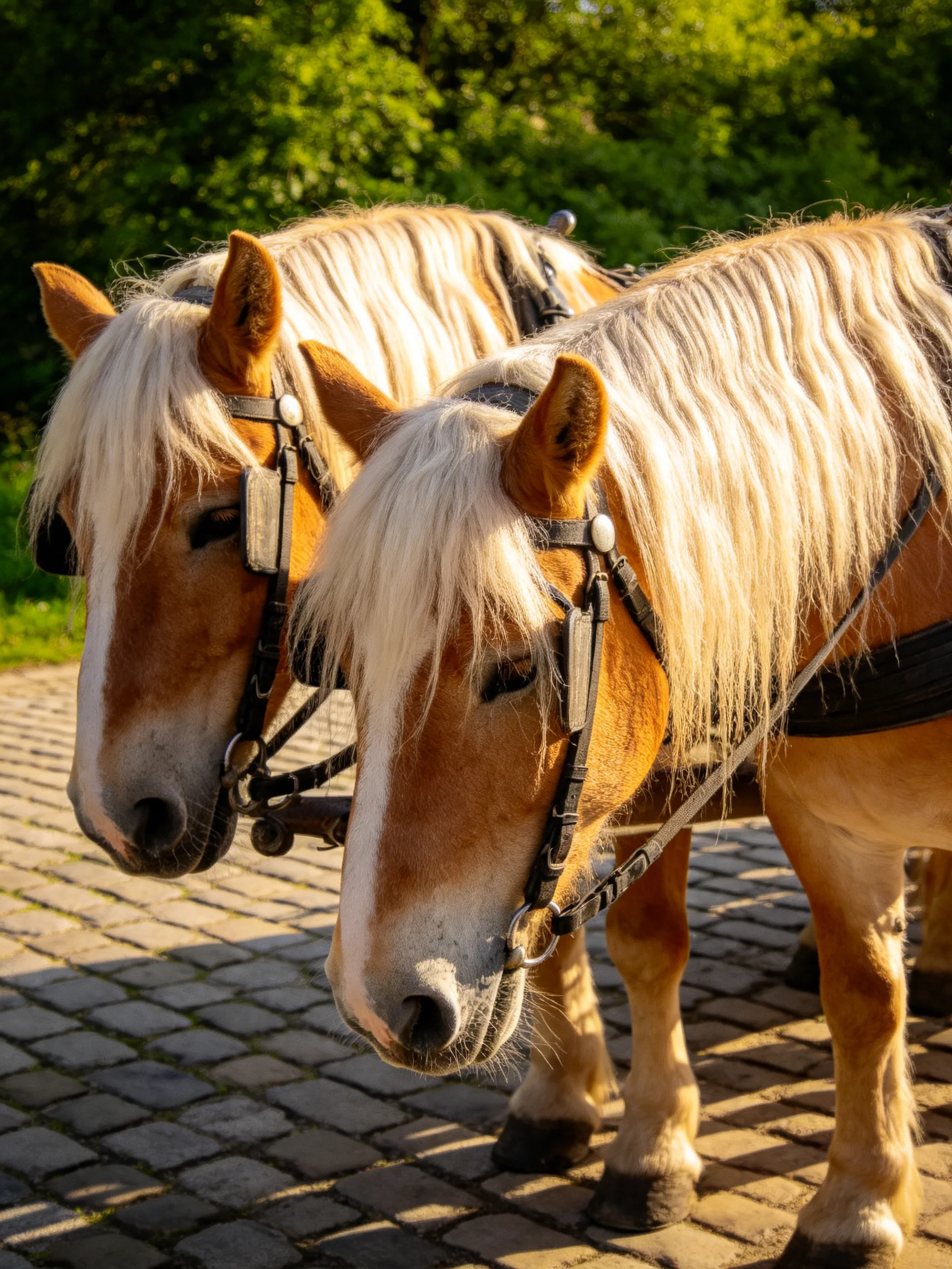 Two draft horses with blonde manes stand together on a cobblestone path.