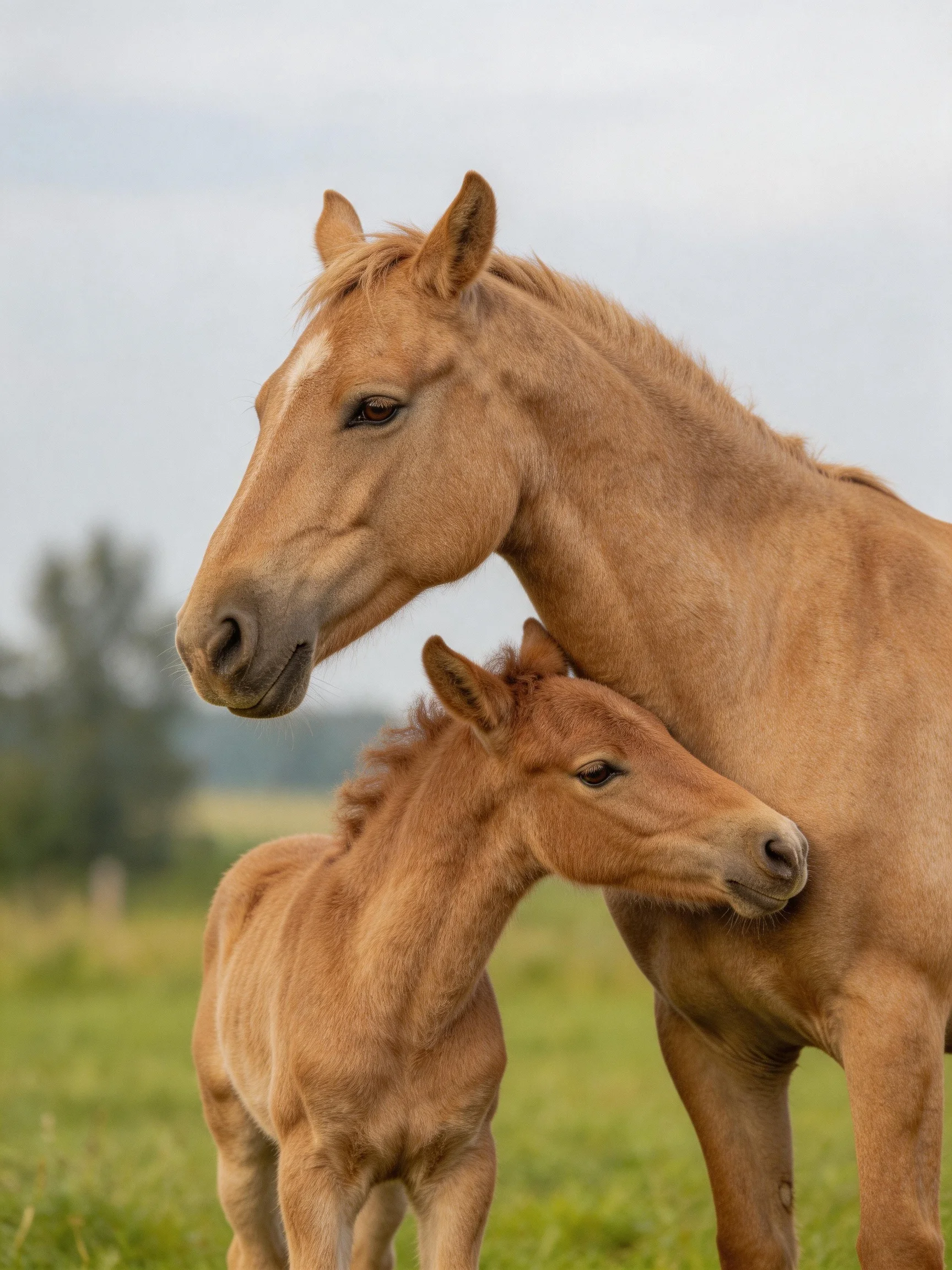 Two golden-brown horses, an adult and a foal, nuzzle together in a lush meadow