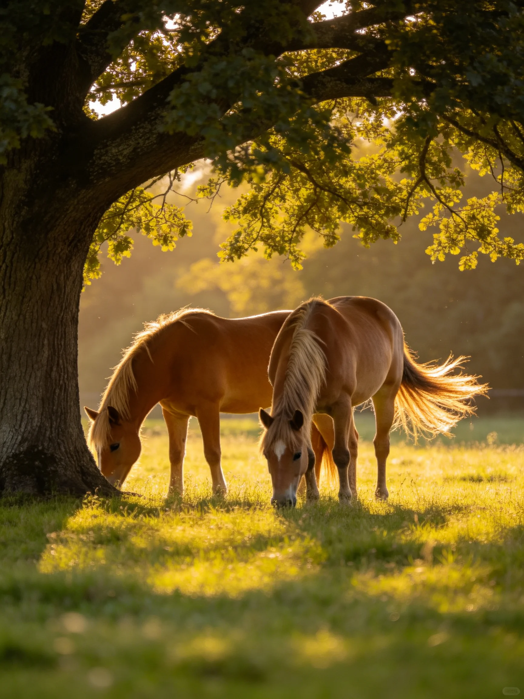 Two golden horses graze beneath a large oak tree in golden sunlight