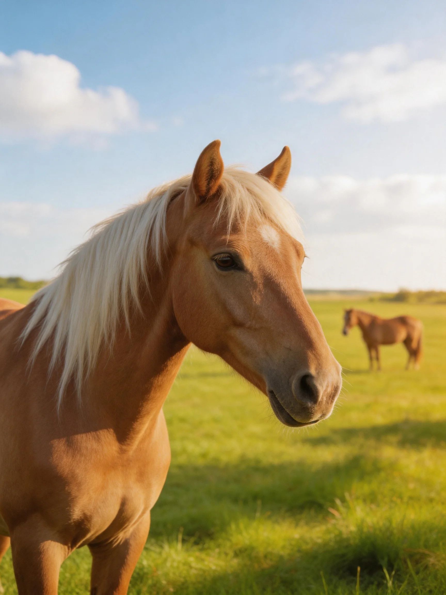 A golden horse with a white mane is shown up close, while another horse is in the distance in a green pasture.