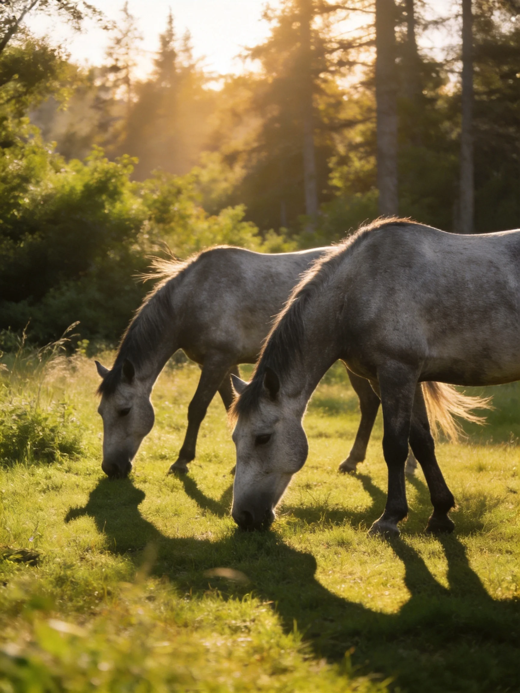 Two gray horses graze in a sunlit meadow near trees