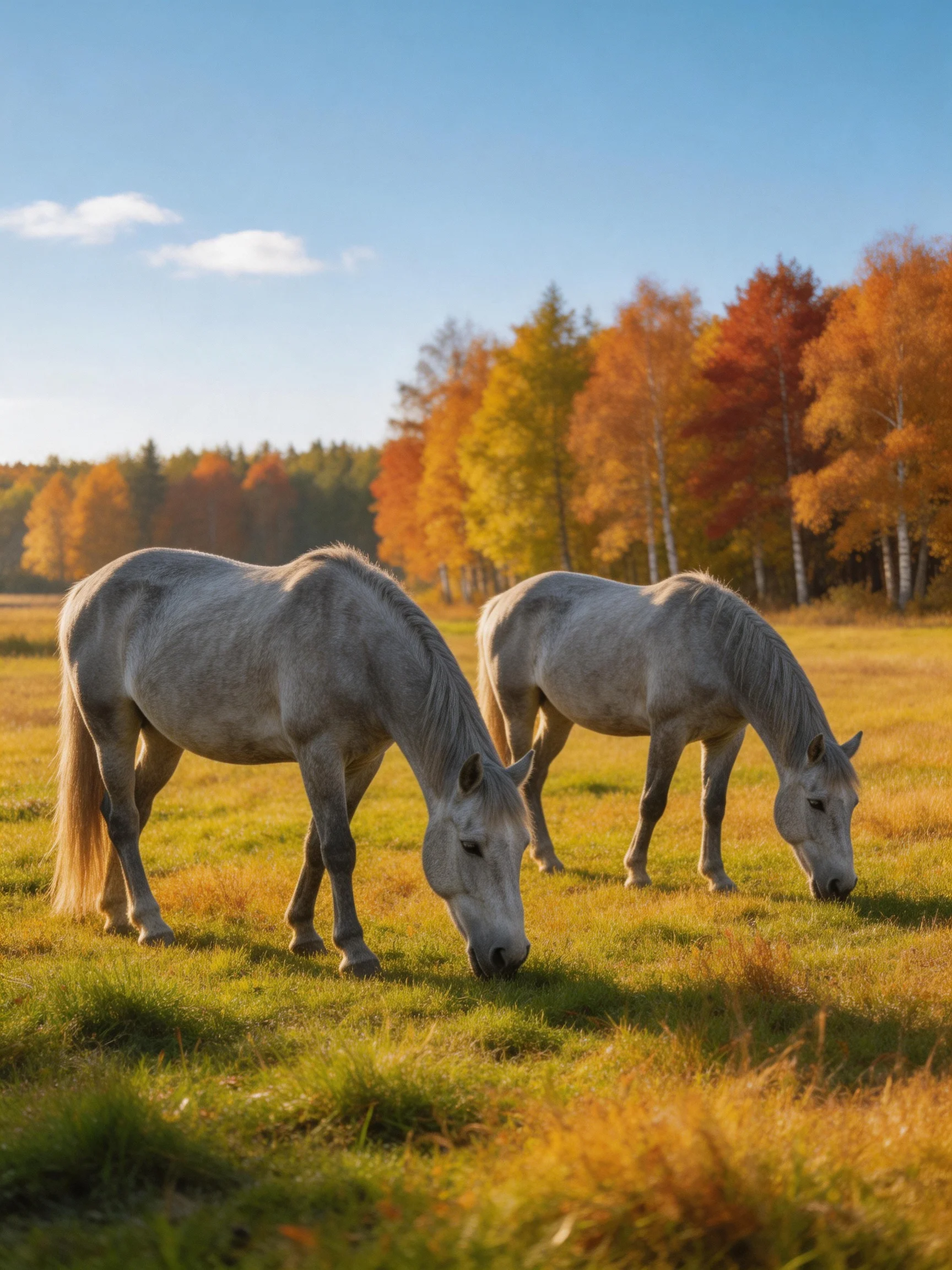 Two gray horses graze in an autumnal grassy field with colorful trees