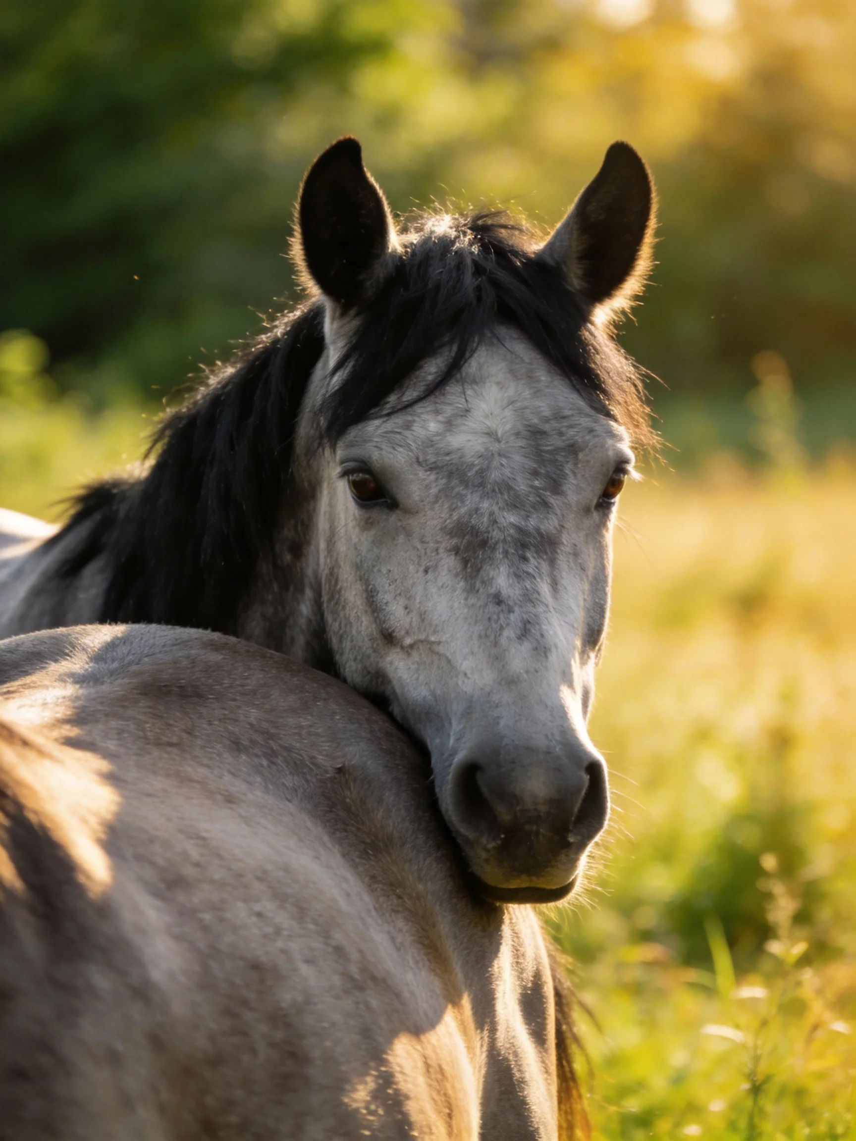 Two gray horses nuzzling in a sunlit green meadow