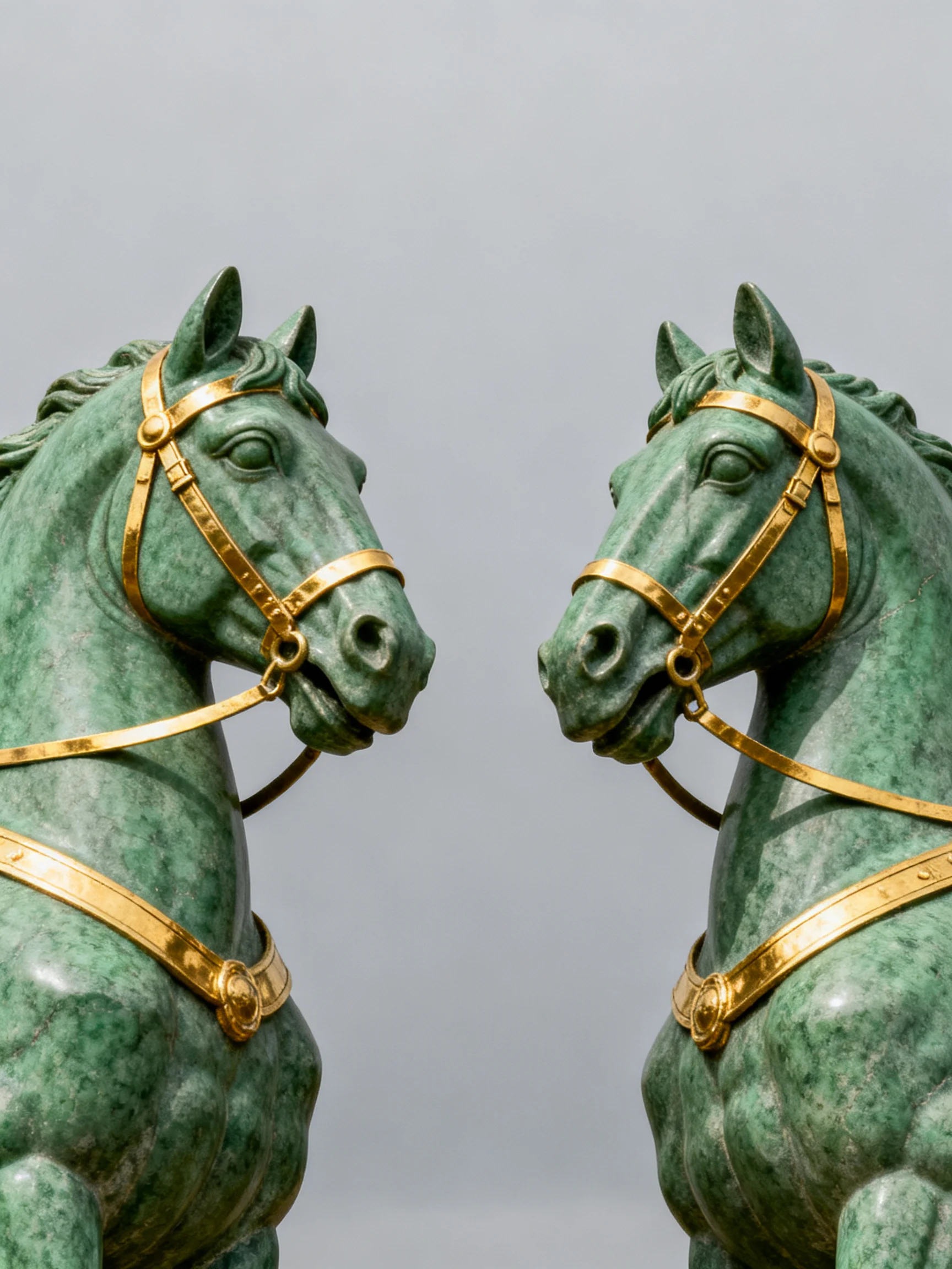 Two green stone horse statues with golden harnesses