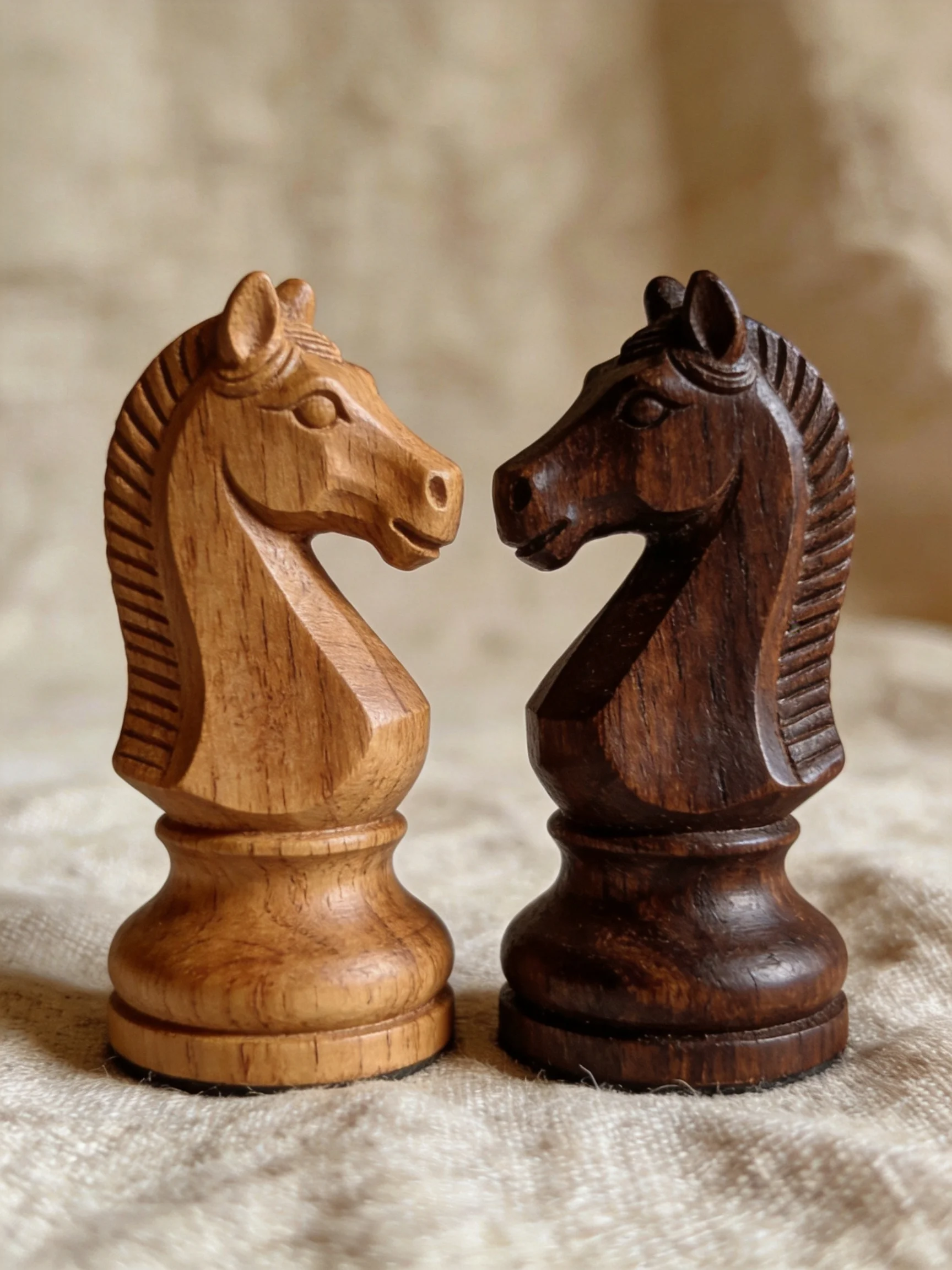 Two handcrafted wooden chess knight pieces in contrasting natural tones