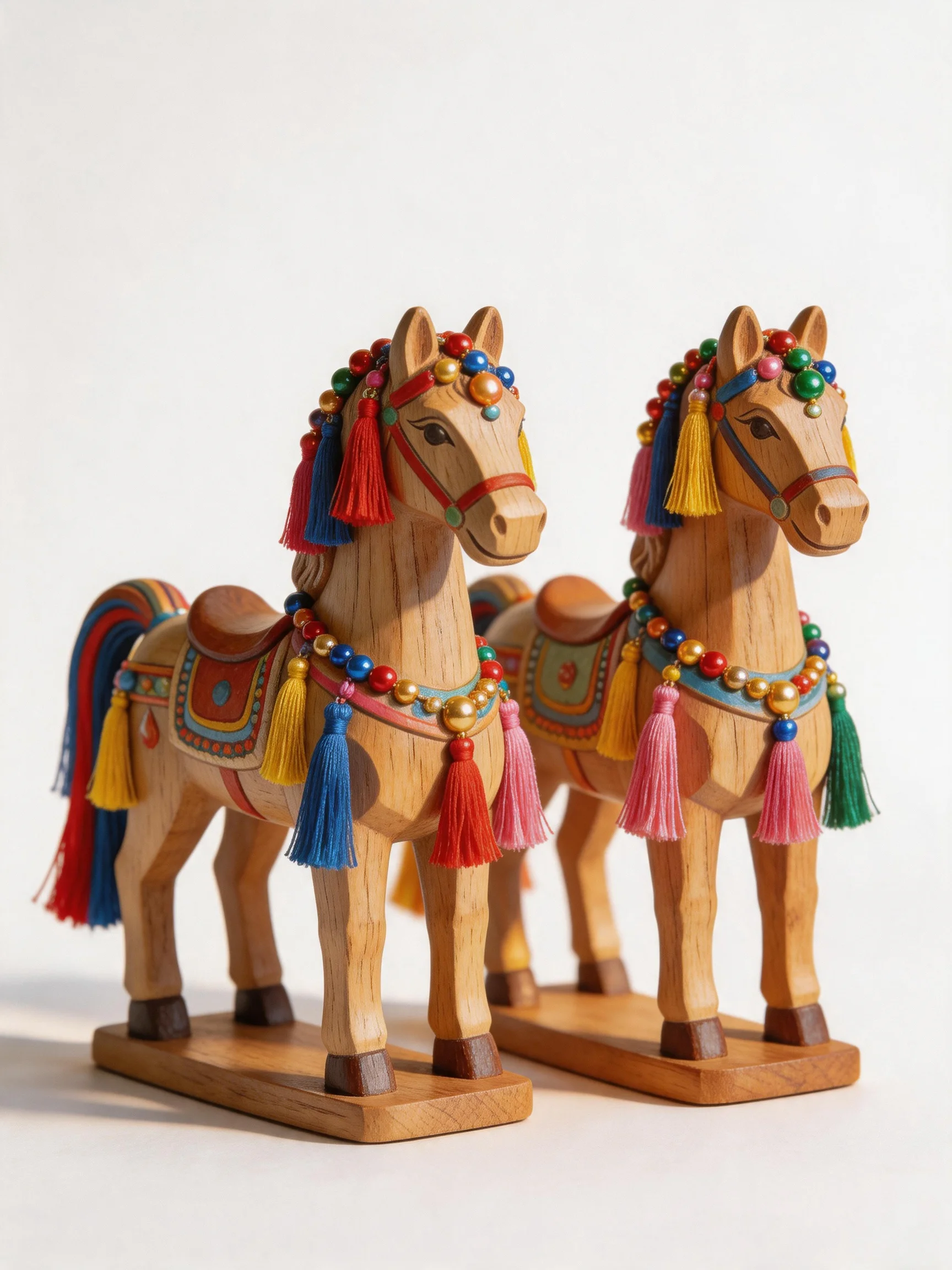 Two handcrafted wooden horses adorned with vibrant tassels and bead decorations