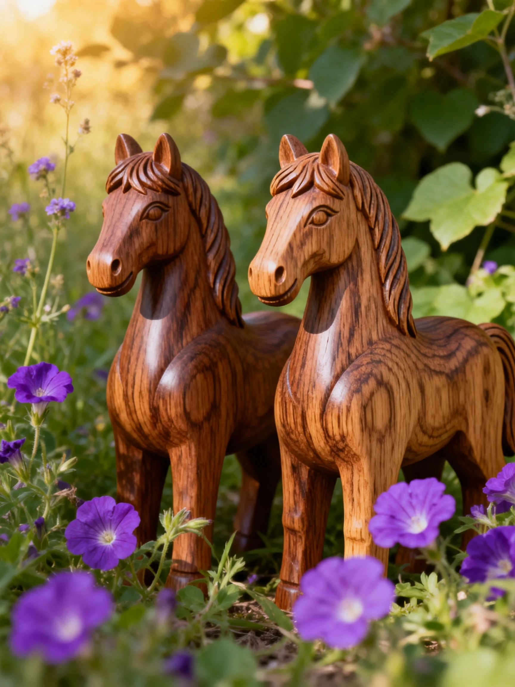 Two handcrafted wooden horses amid purple flowers and green foliage