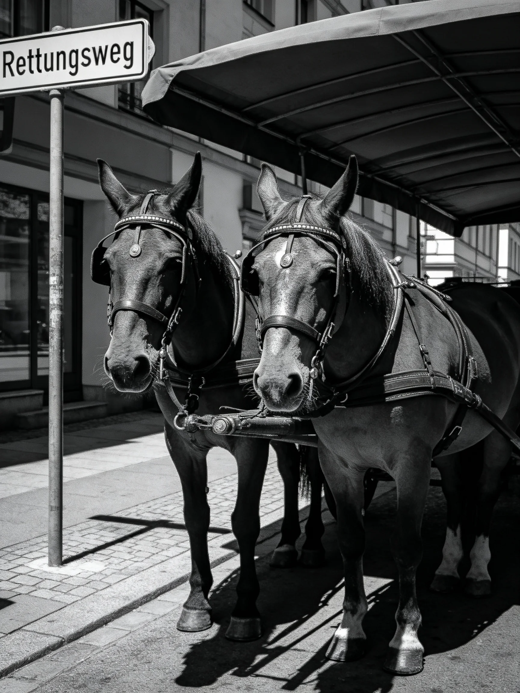 Two harnessed horses stand near a Rettungsweg sign under an awning
