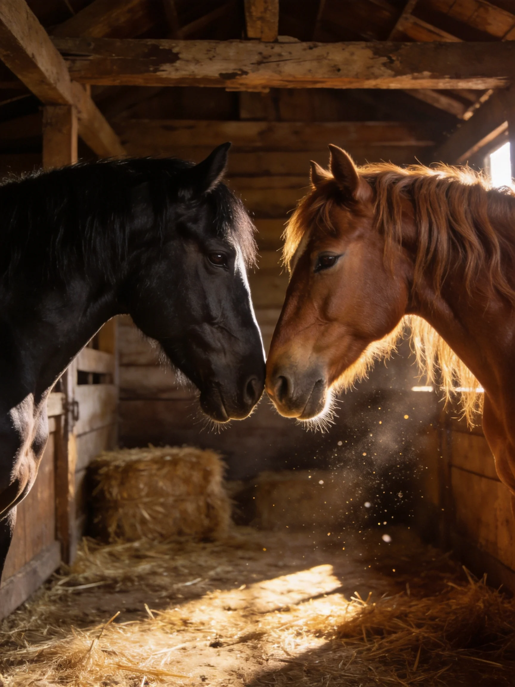 Two horses, black and chestnut, nuzzle in a sunlit wooden stable
