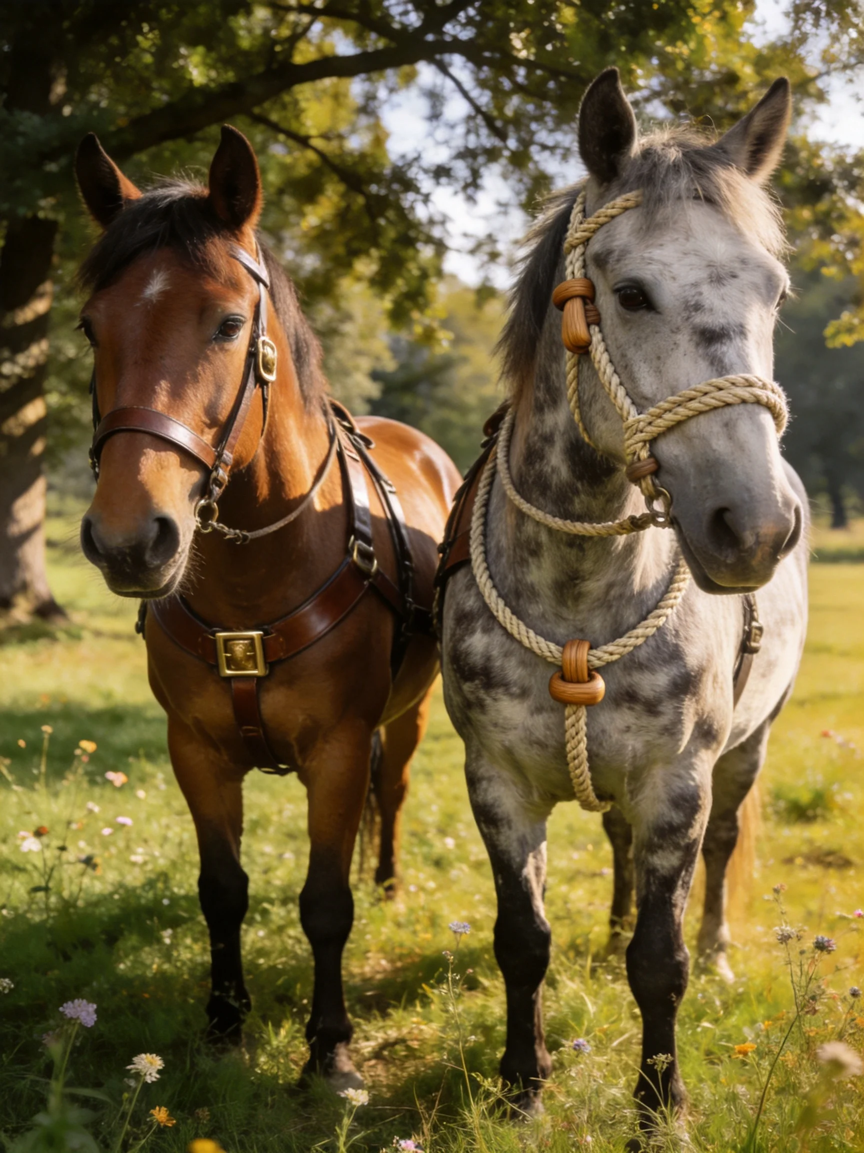 Two horses, brown and gray, in a sunlit meadow