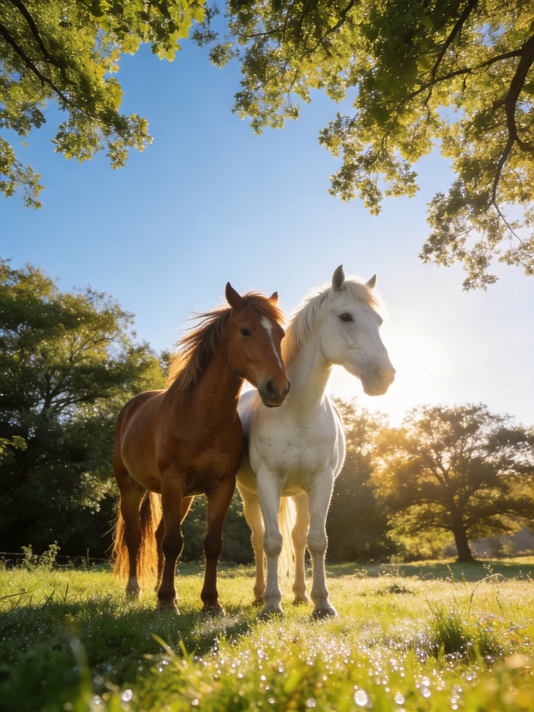 Two horses stand close together in a sunlit meadow with trees in the background