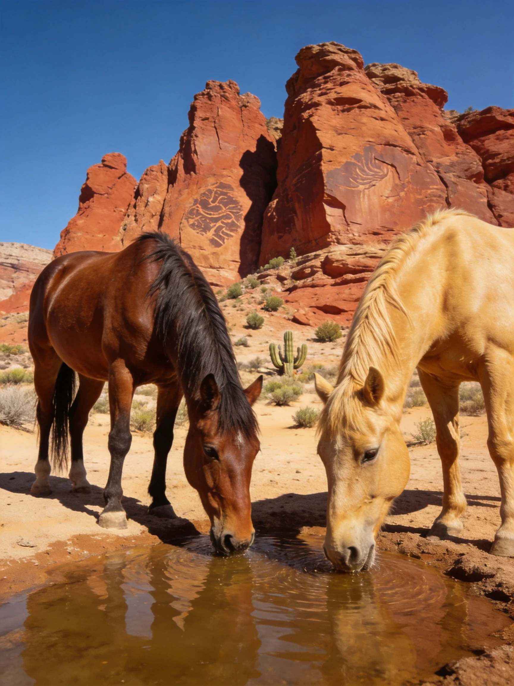 Two horses drink from a waterhole near red rock formations