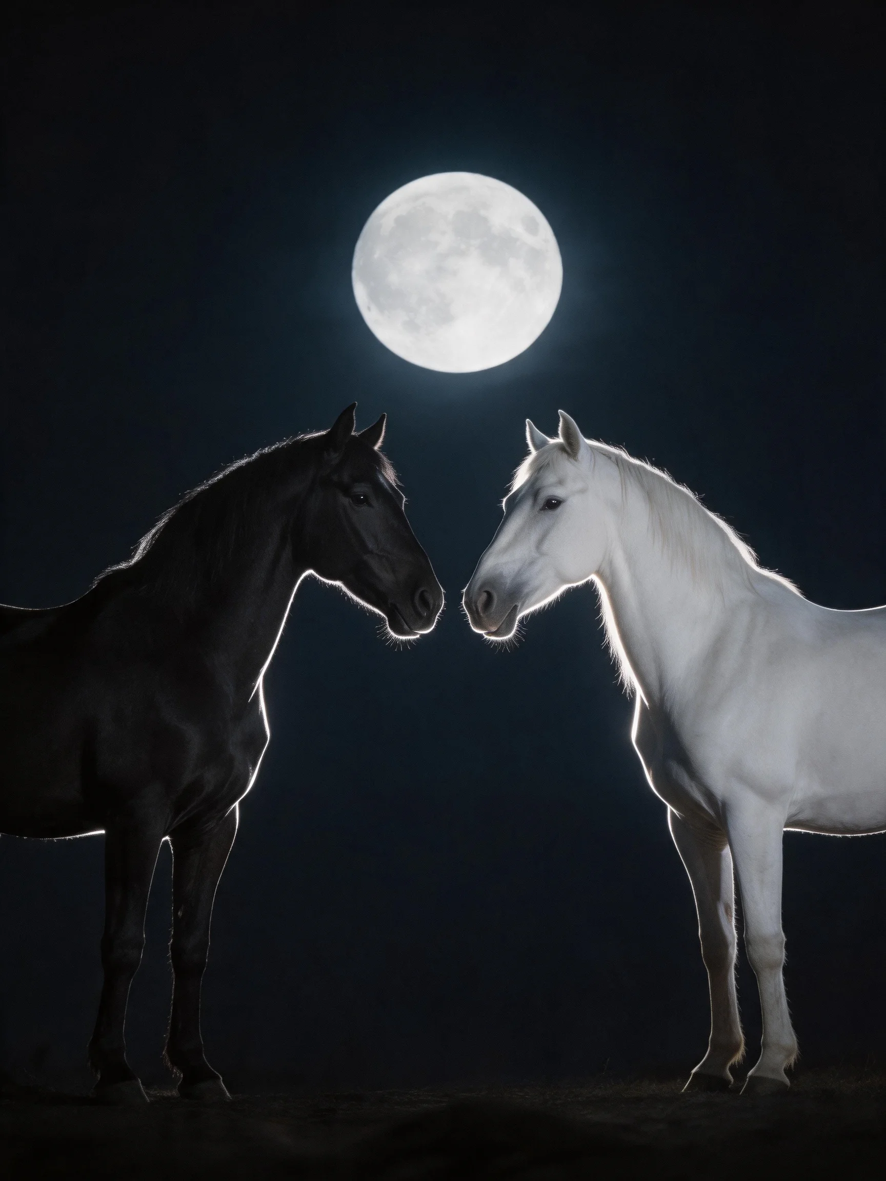 Two horses face each other under a bright full moon at night