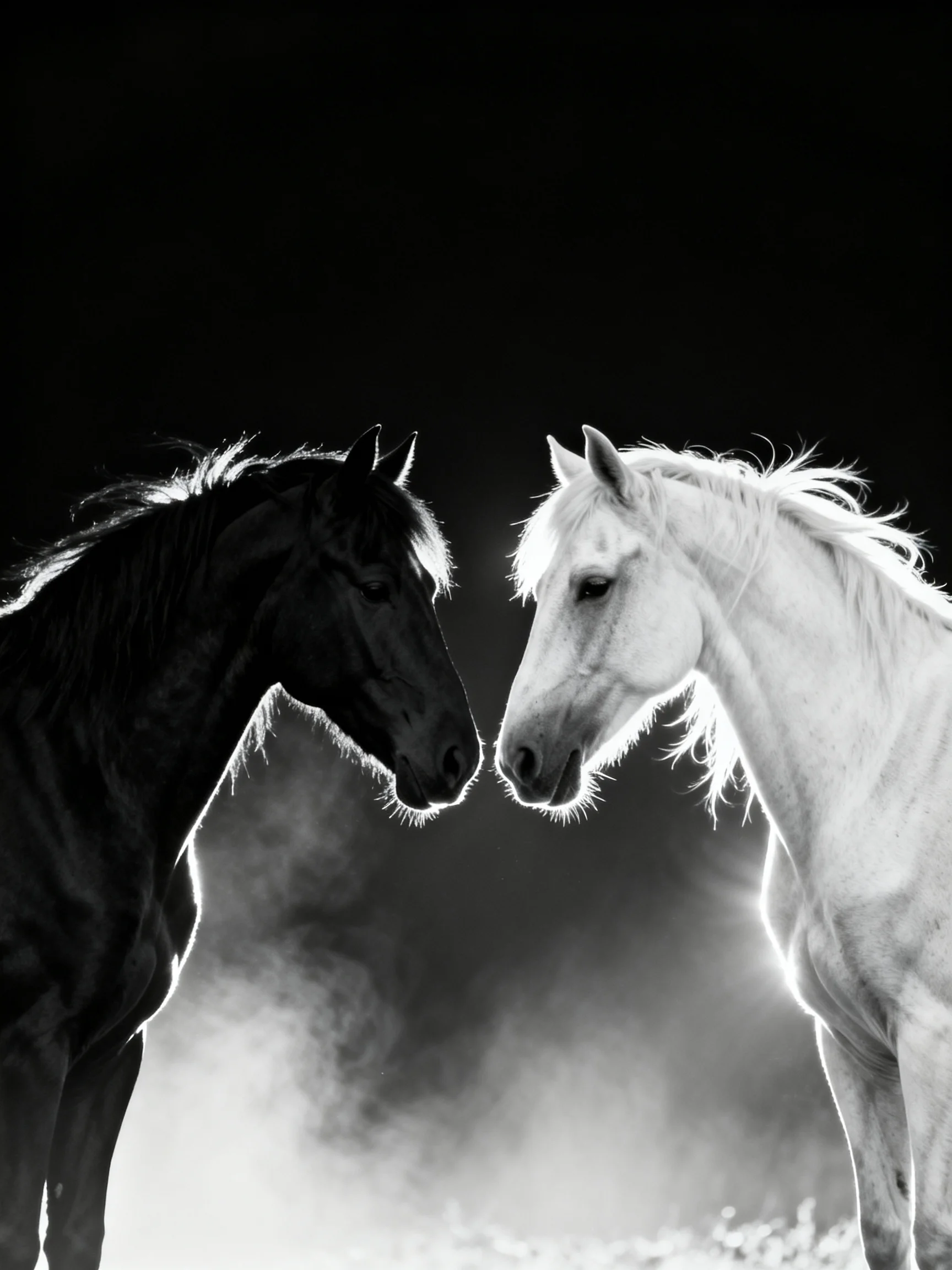 Two horses face-to-face in stark black and white contrast