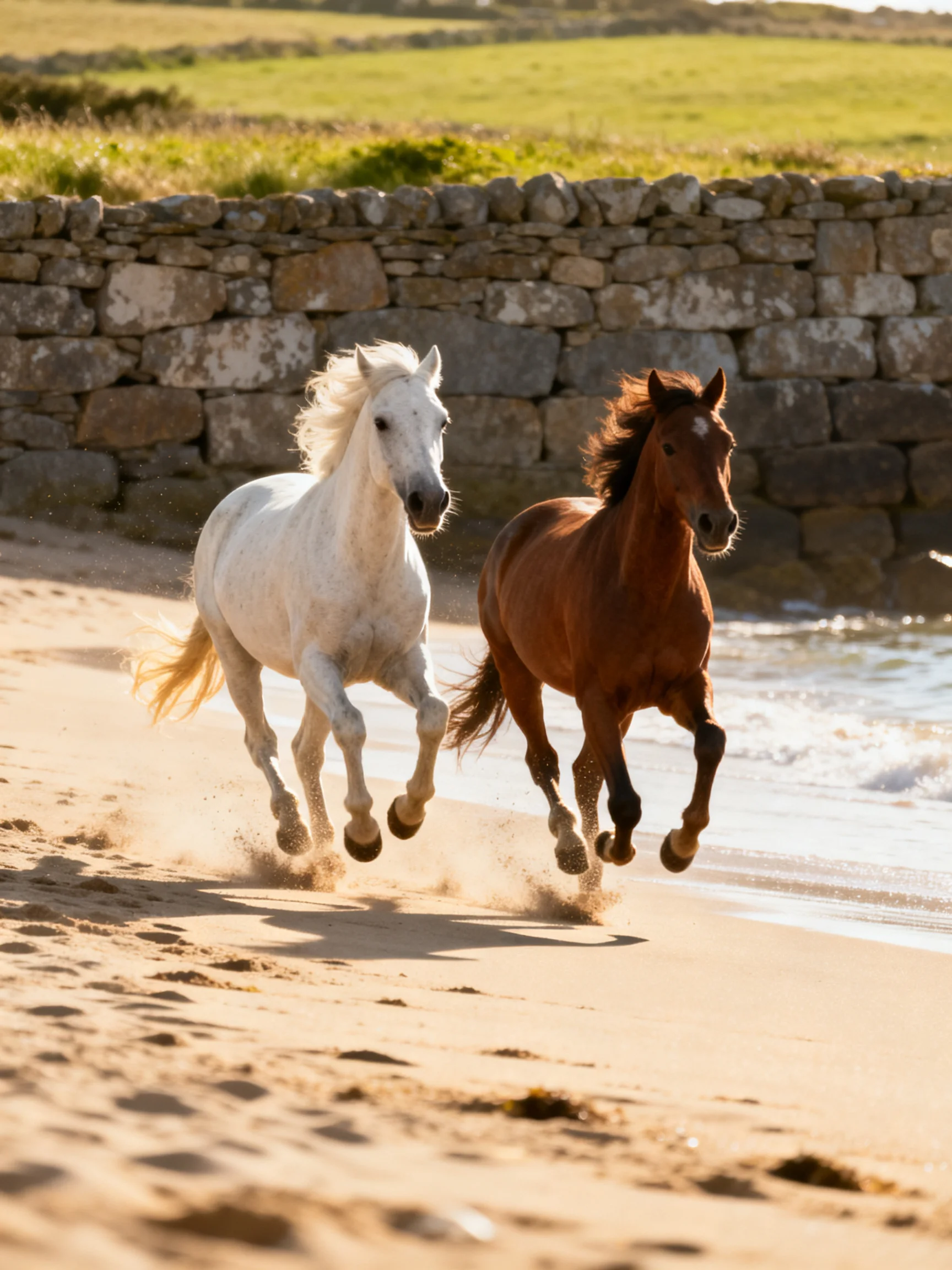 Two horses gallop along a sandy beach near an old stone wall