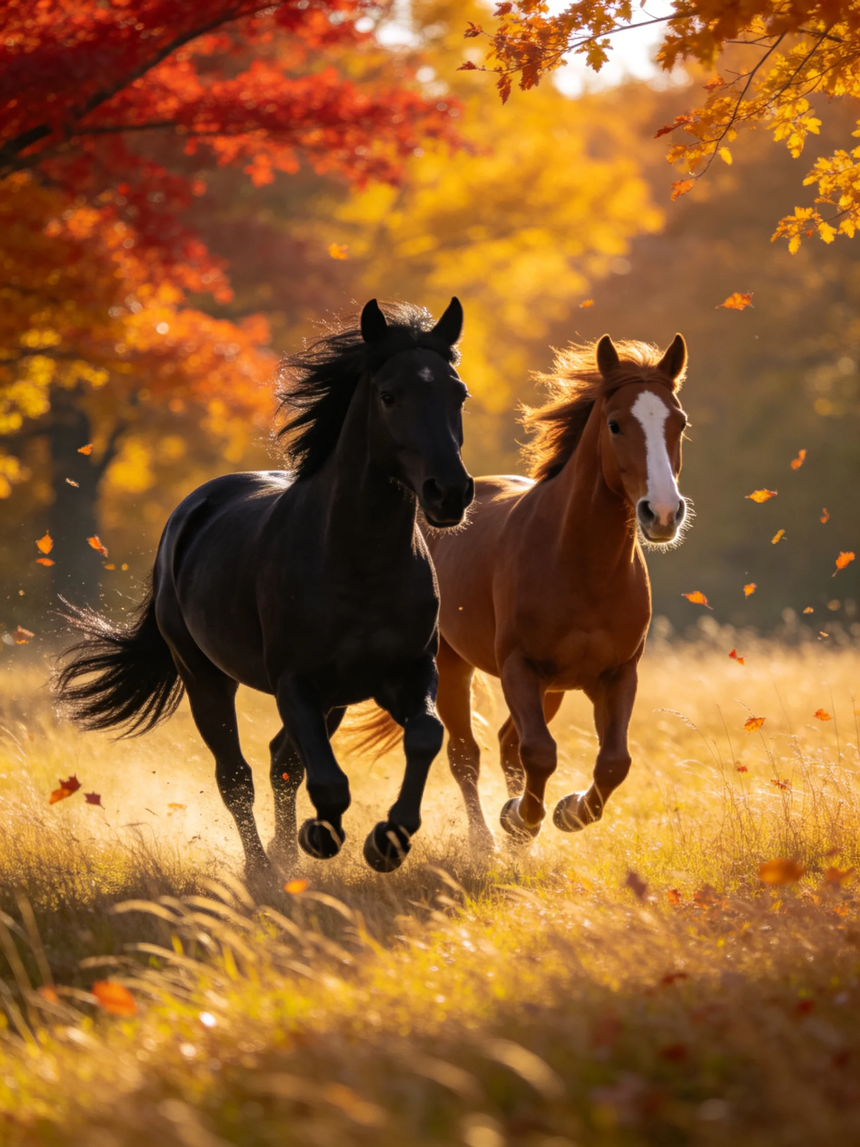 Two horses gallop through a sunlit autumn meadow with colorful foliage
