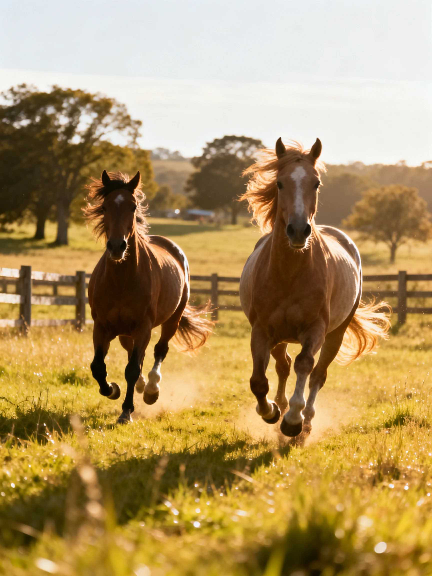 Two horses gallop through a sunlit golden pasture