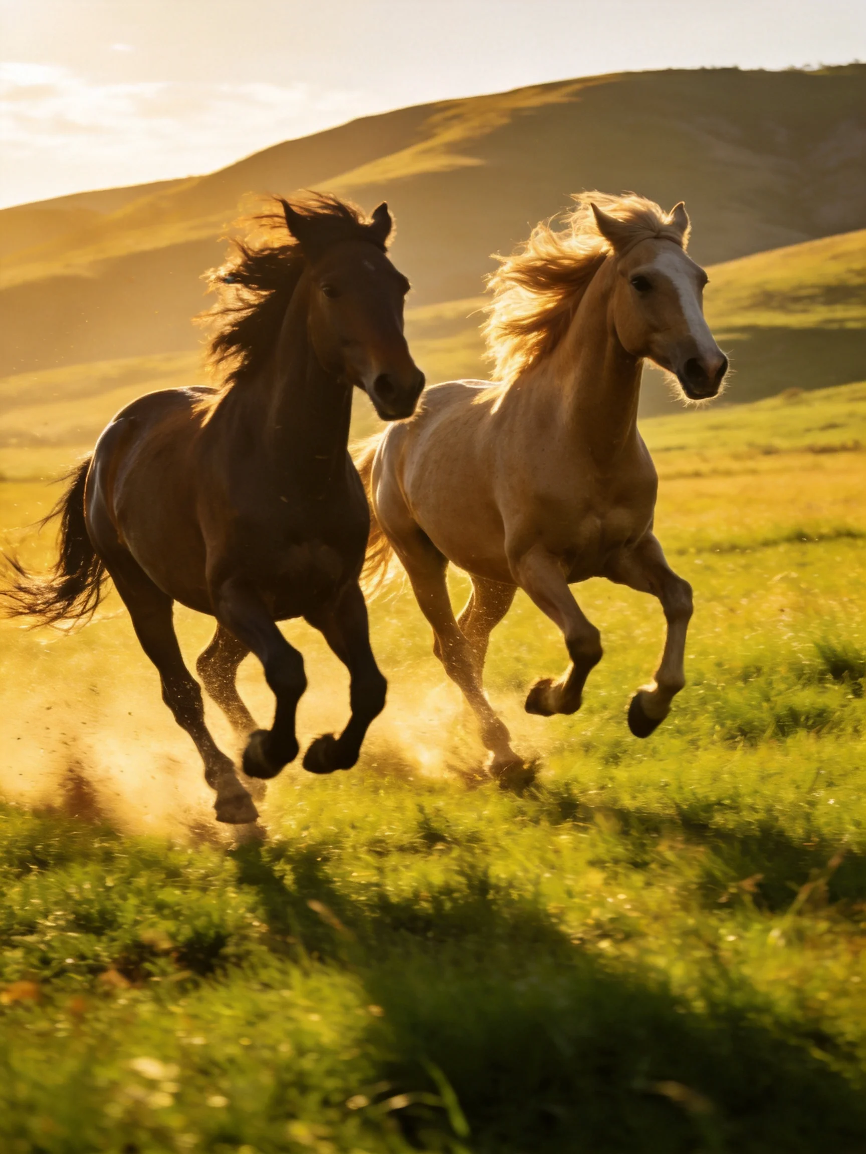Two horses gallop through a sunlit green meadow near rolling hills