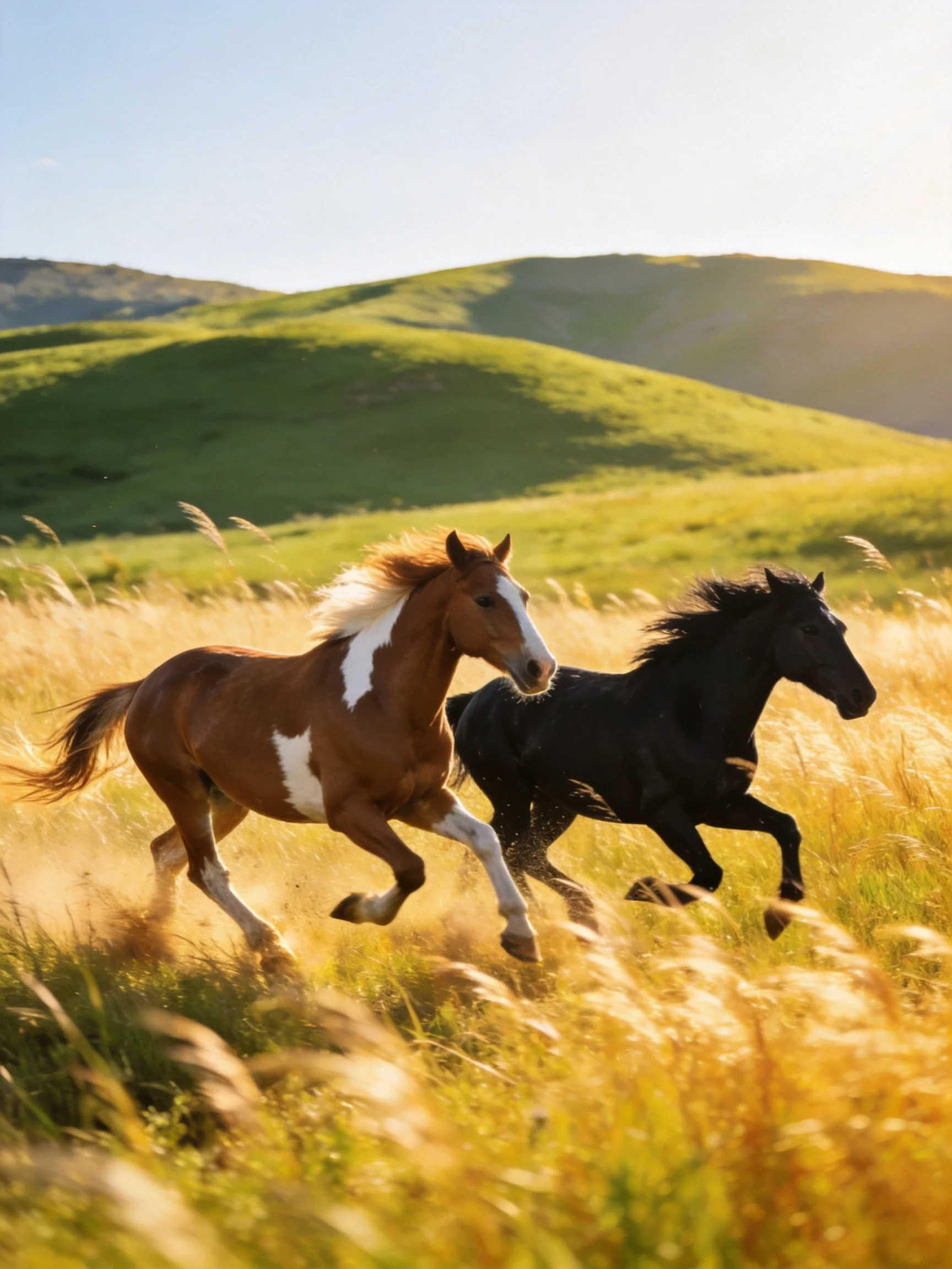 Two horses gallop through golden grass near rolling green hills