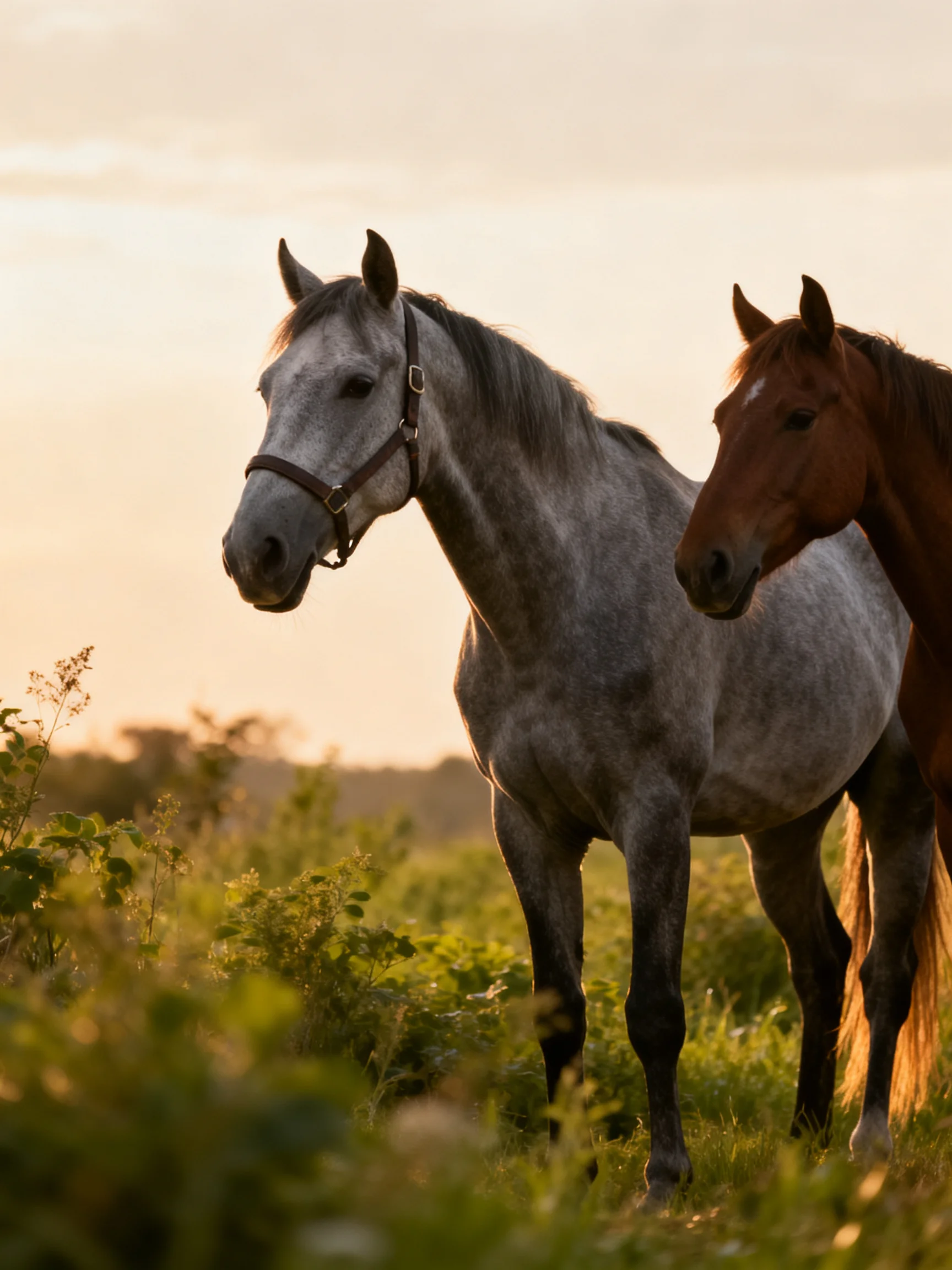 Two horses, gray and brown, stand in a sunlit meadow at dusk