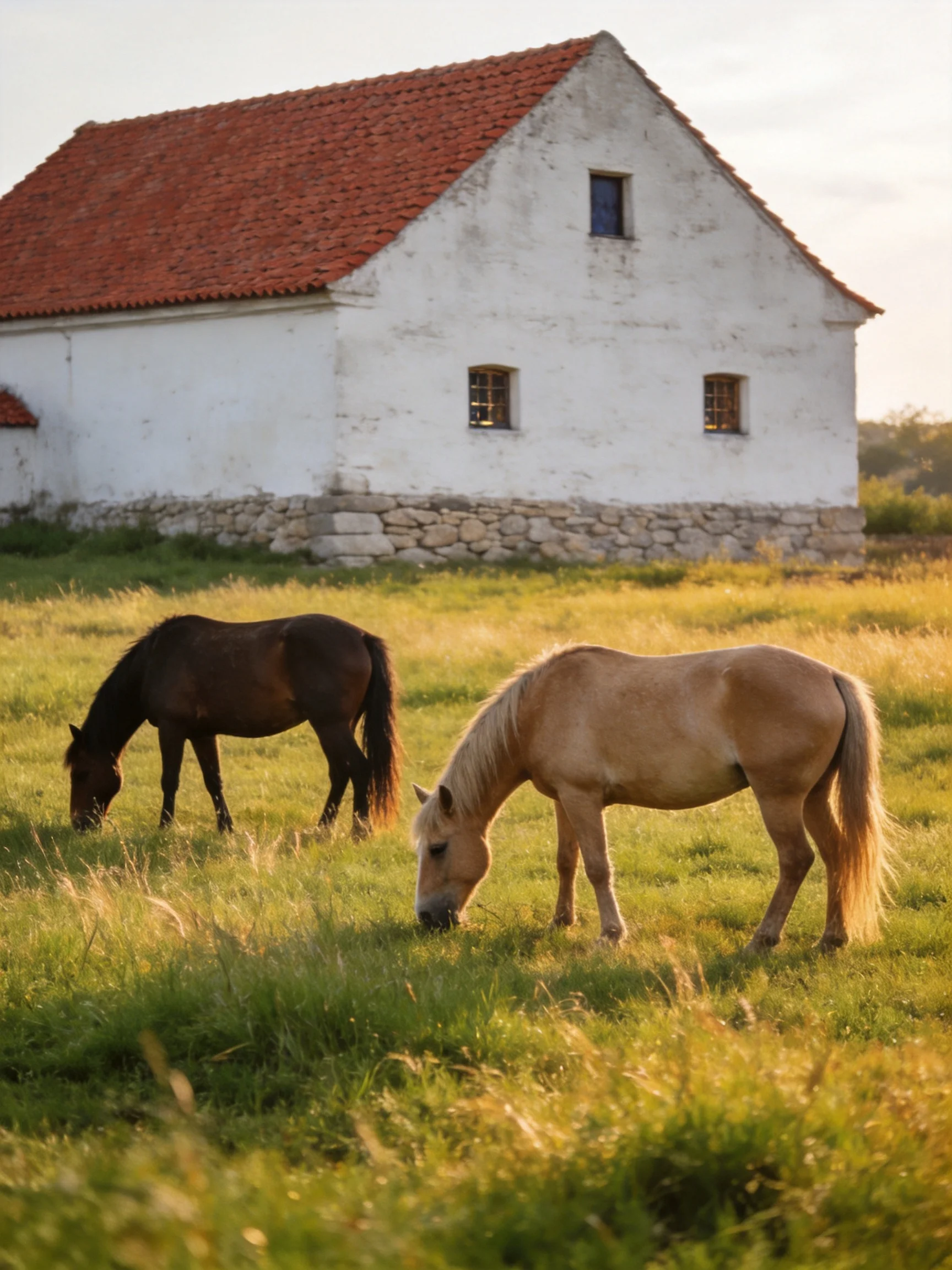 Two horses graze beside a weathered white barn with red-tiled roof