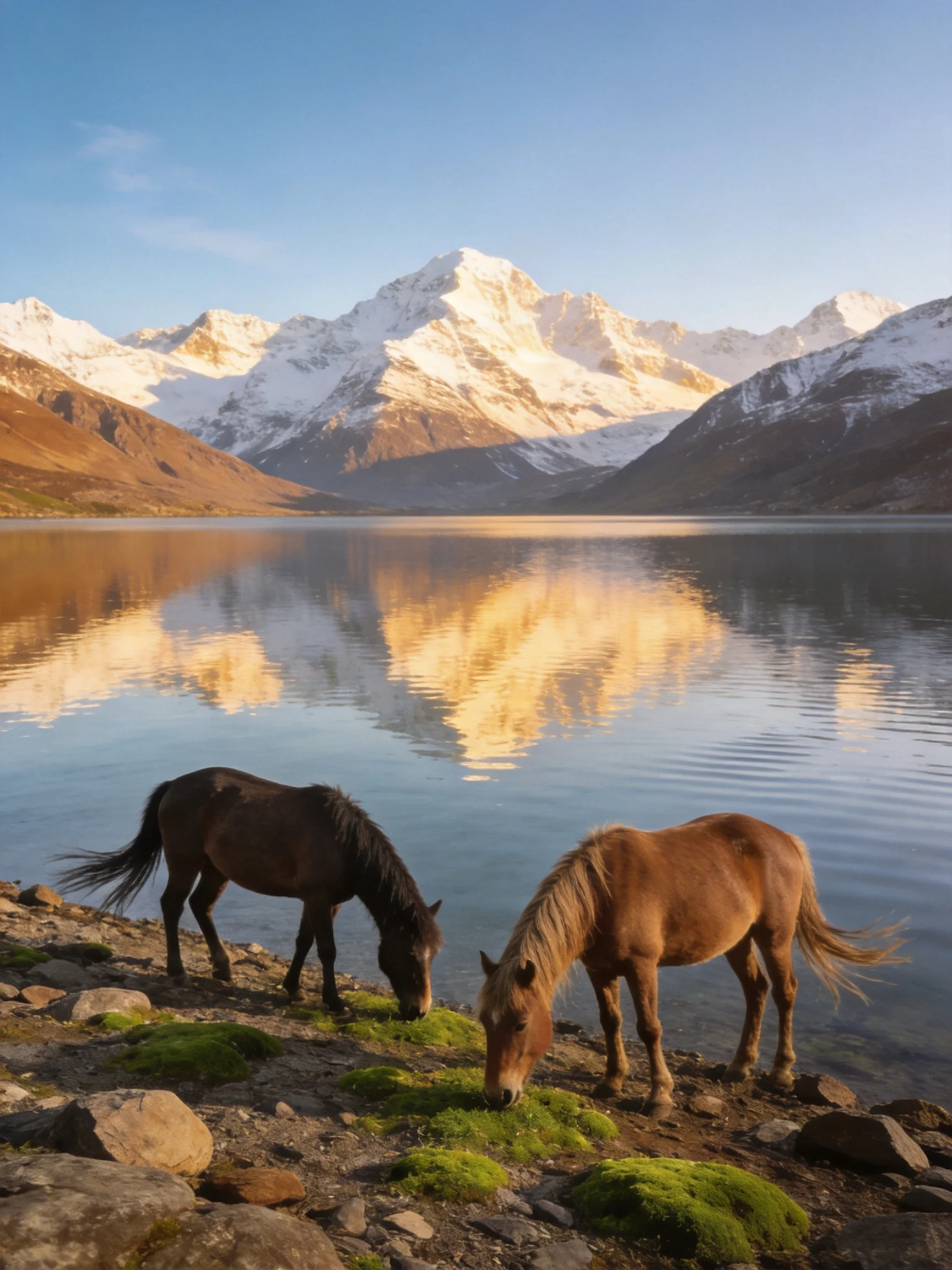 Two horses graze by a serene lake with snow-capped mountains reflected