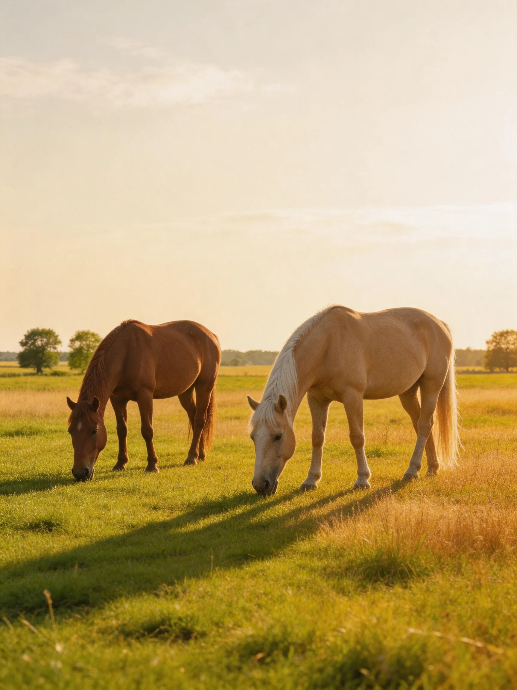Two horses graze in a golden - hued meadow under warm sunlight