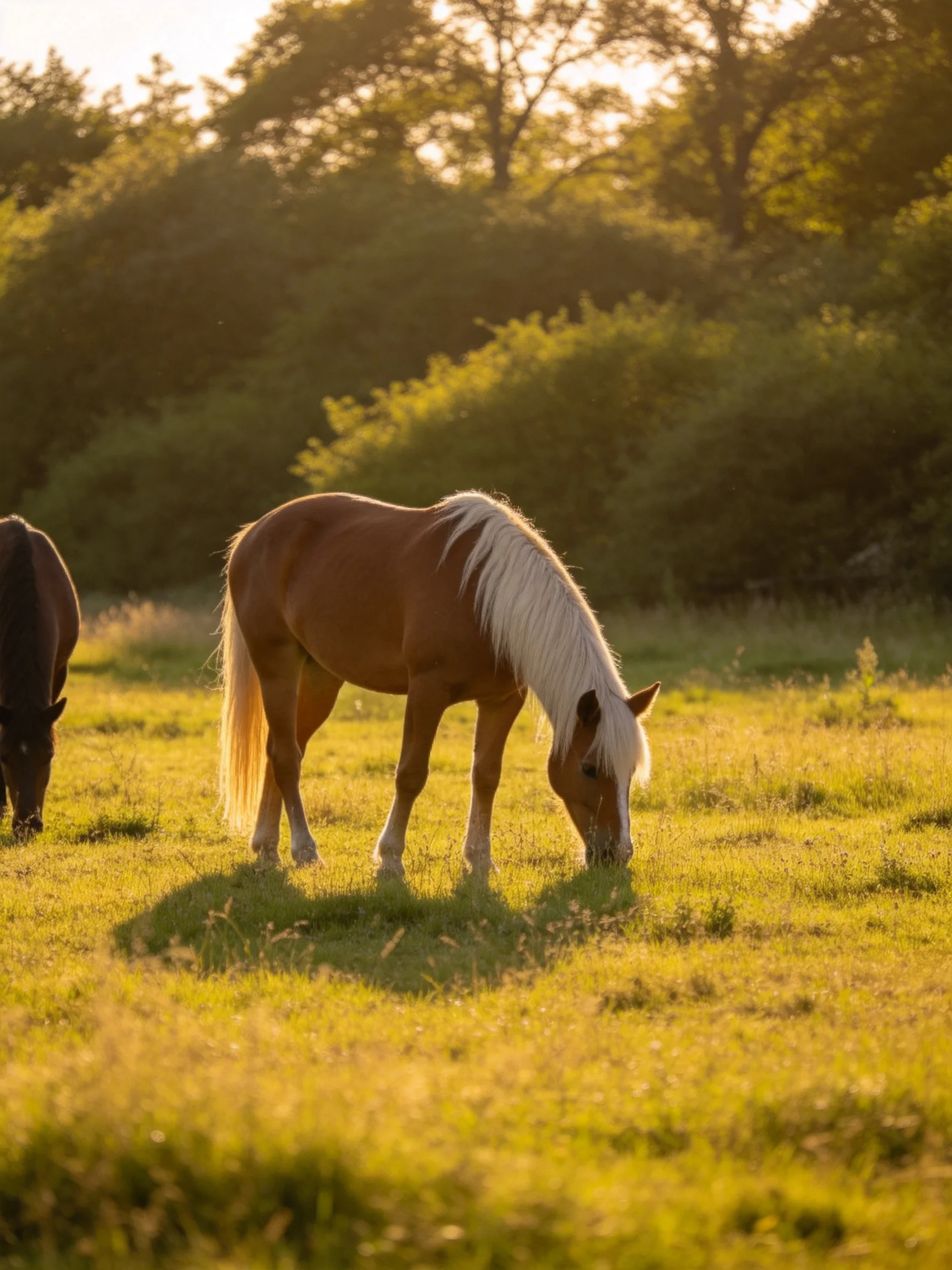 Two horses graze in a golden-hued meadow near leafy trees