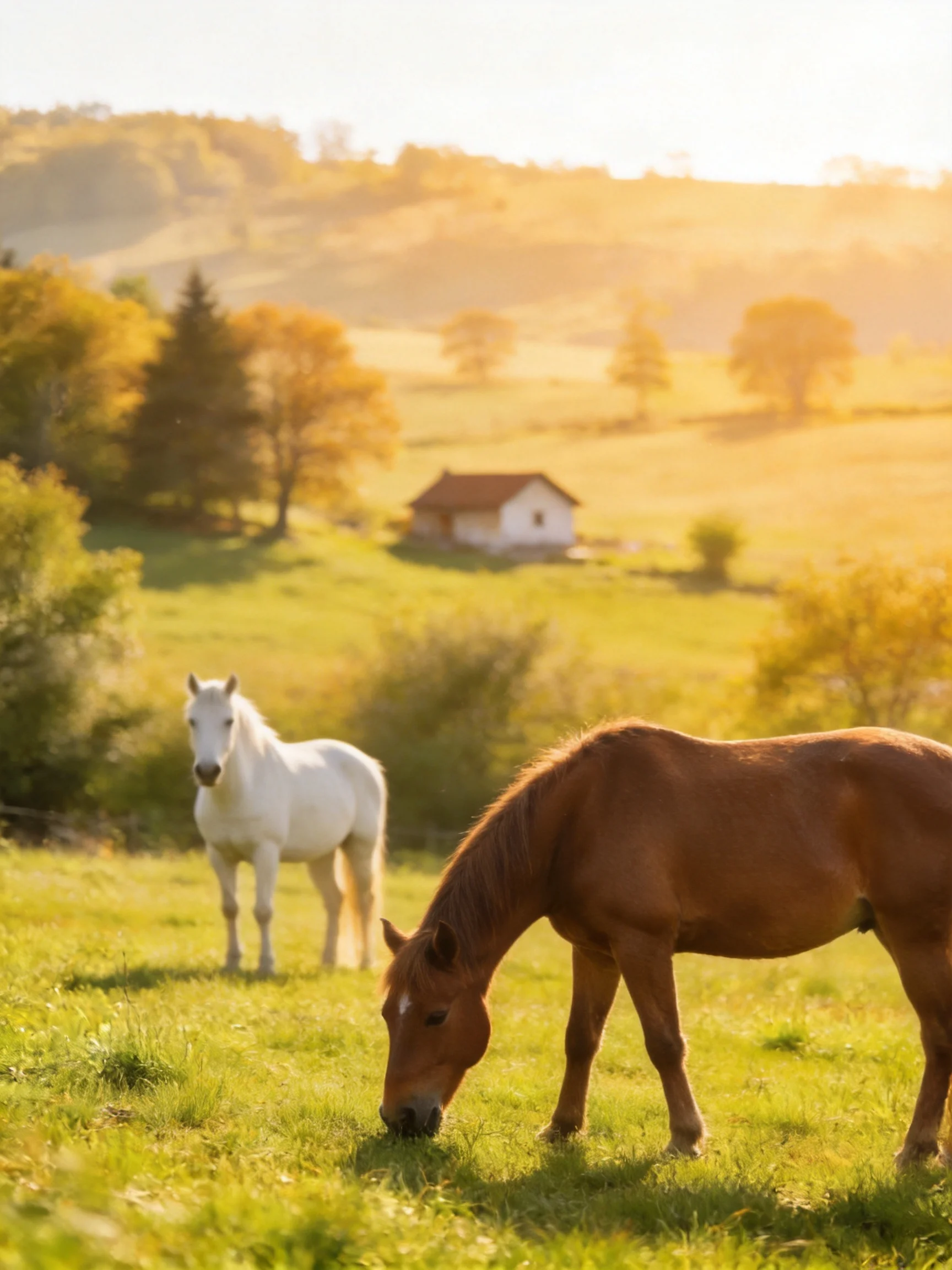Two horses graze in a golden meadow with a distant cottage