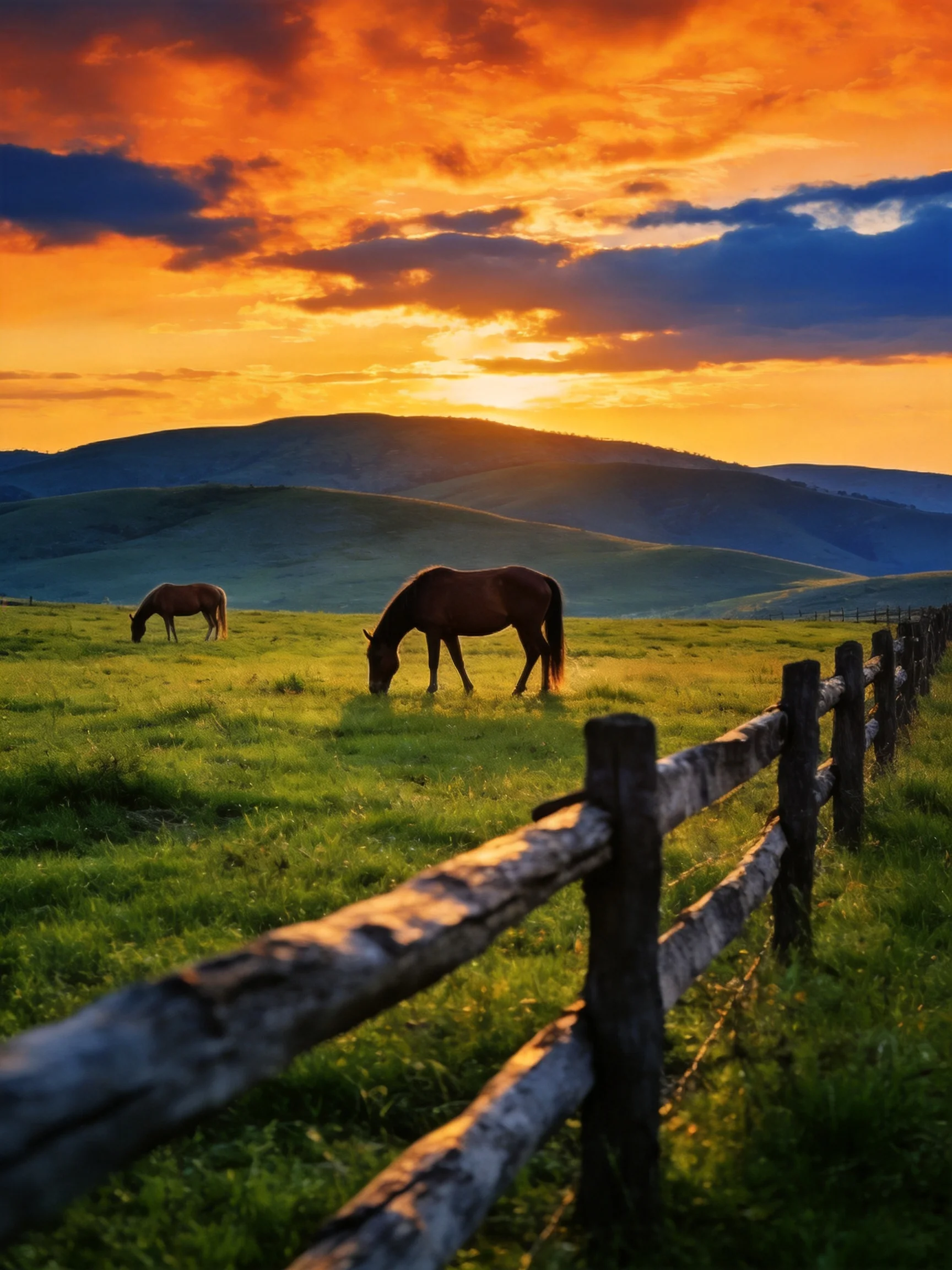 Two horses graze in a green pasture with hills and a wooden fence at sunset.