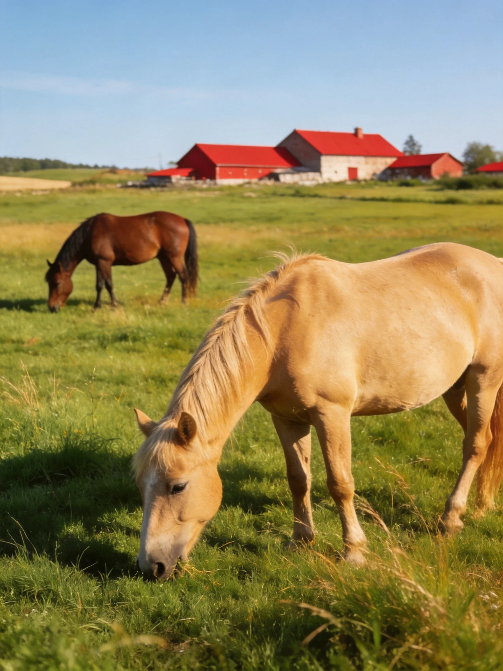 Two horses graze in a lush green pasture near red farm buildings