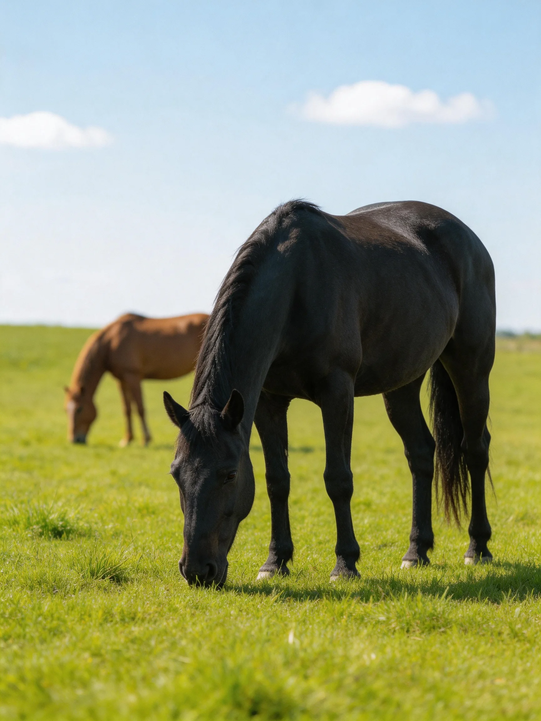 Two horses graze in a lush green pasture under clear blue sky