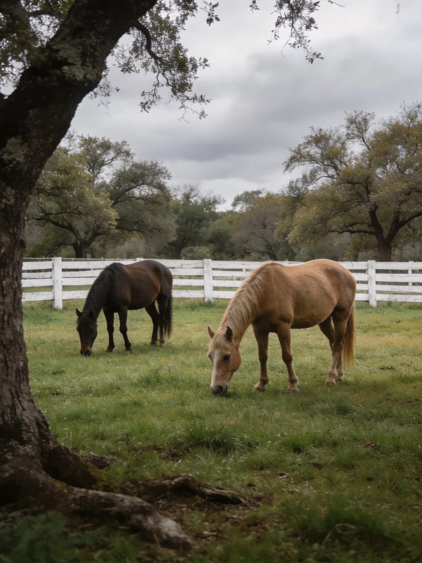 Two horses graze in a fenced pasture with trees in the distance.