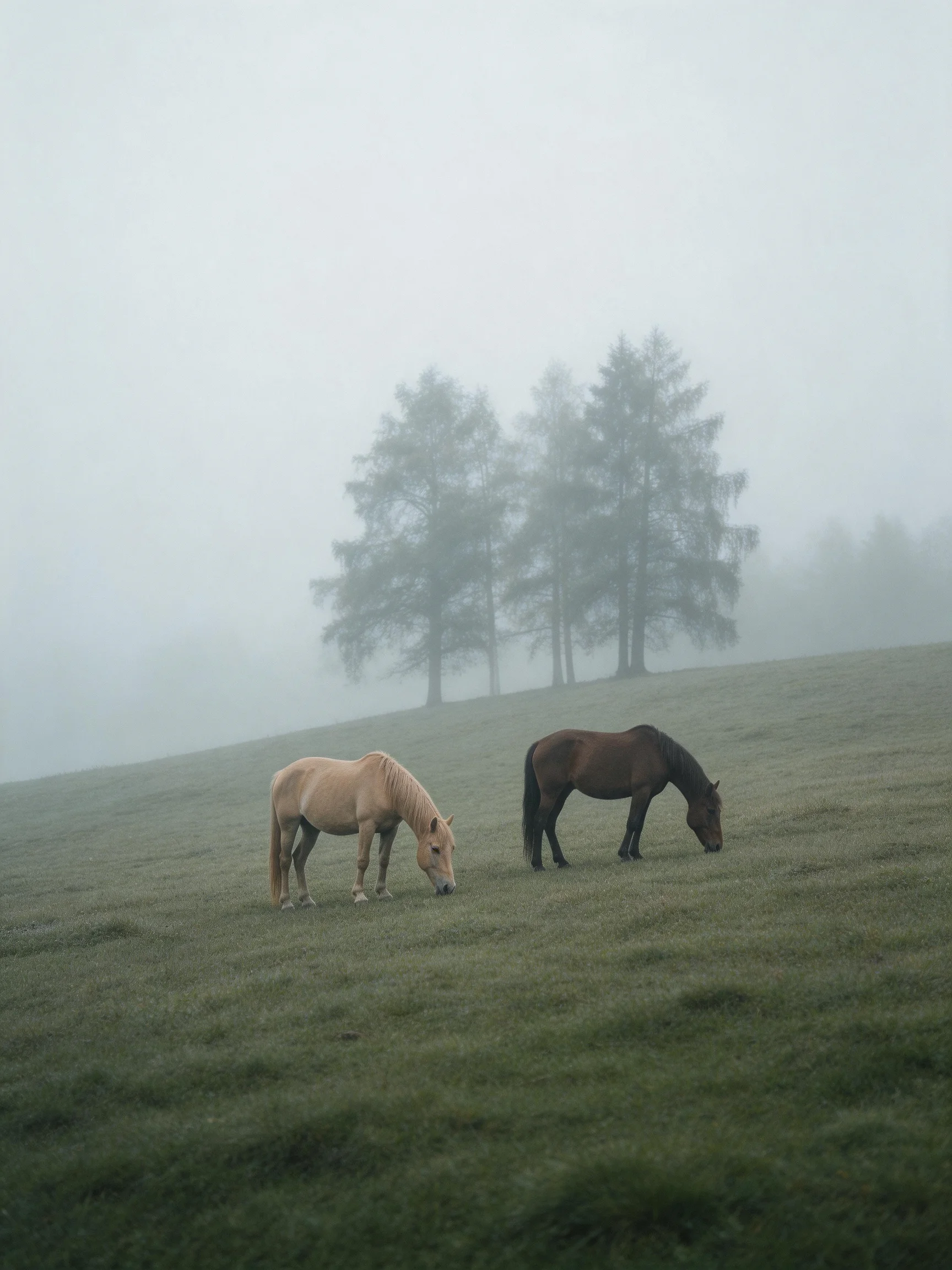 Two horses graze in a misty meadow near tall evergreen trees