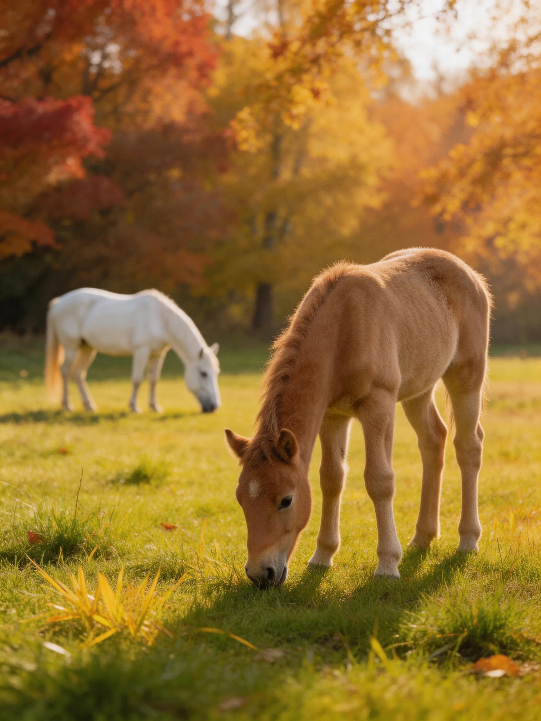 Two horses graze in a sunlit autumn meadow with colorful foliage