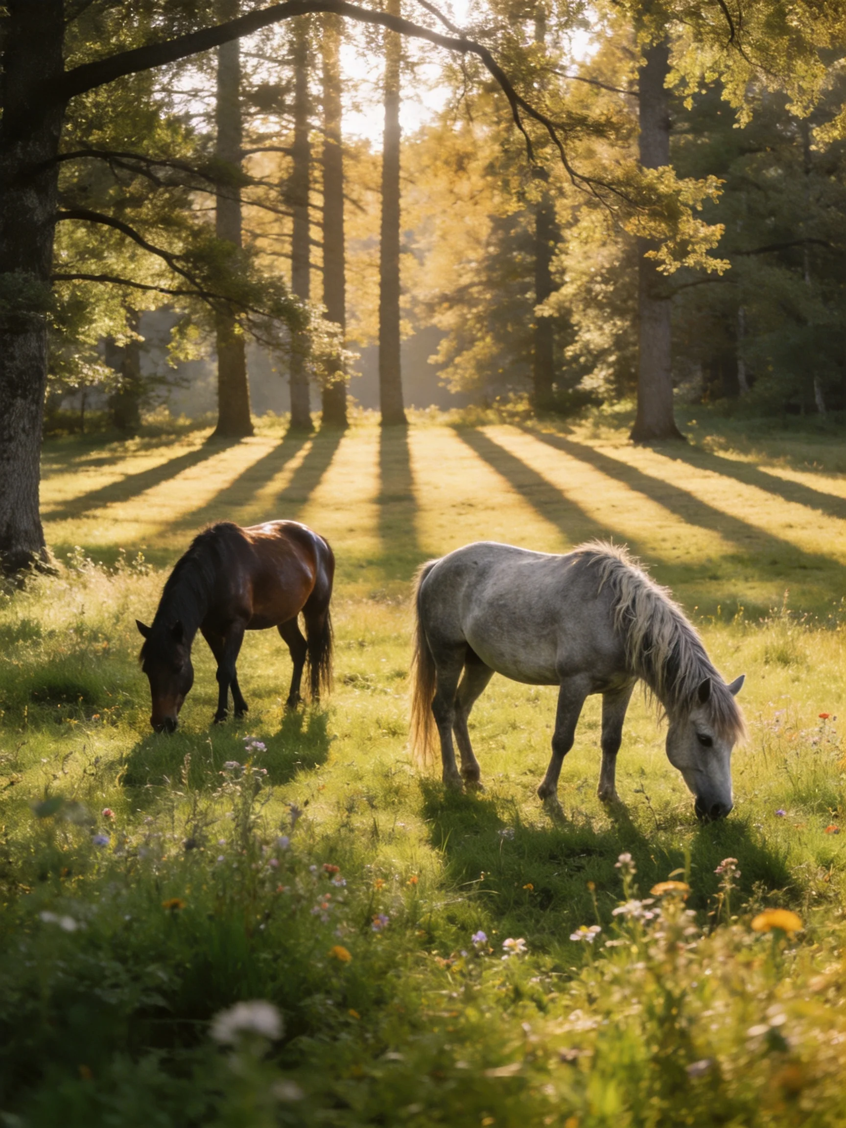 Two horses graze in a sunlit forest meadow with tall trees
