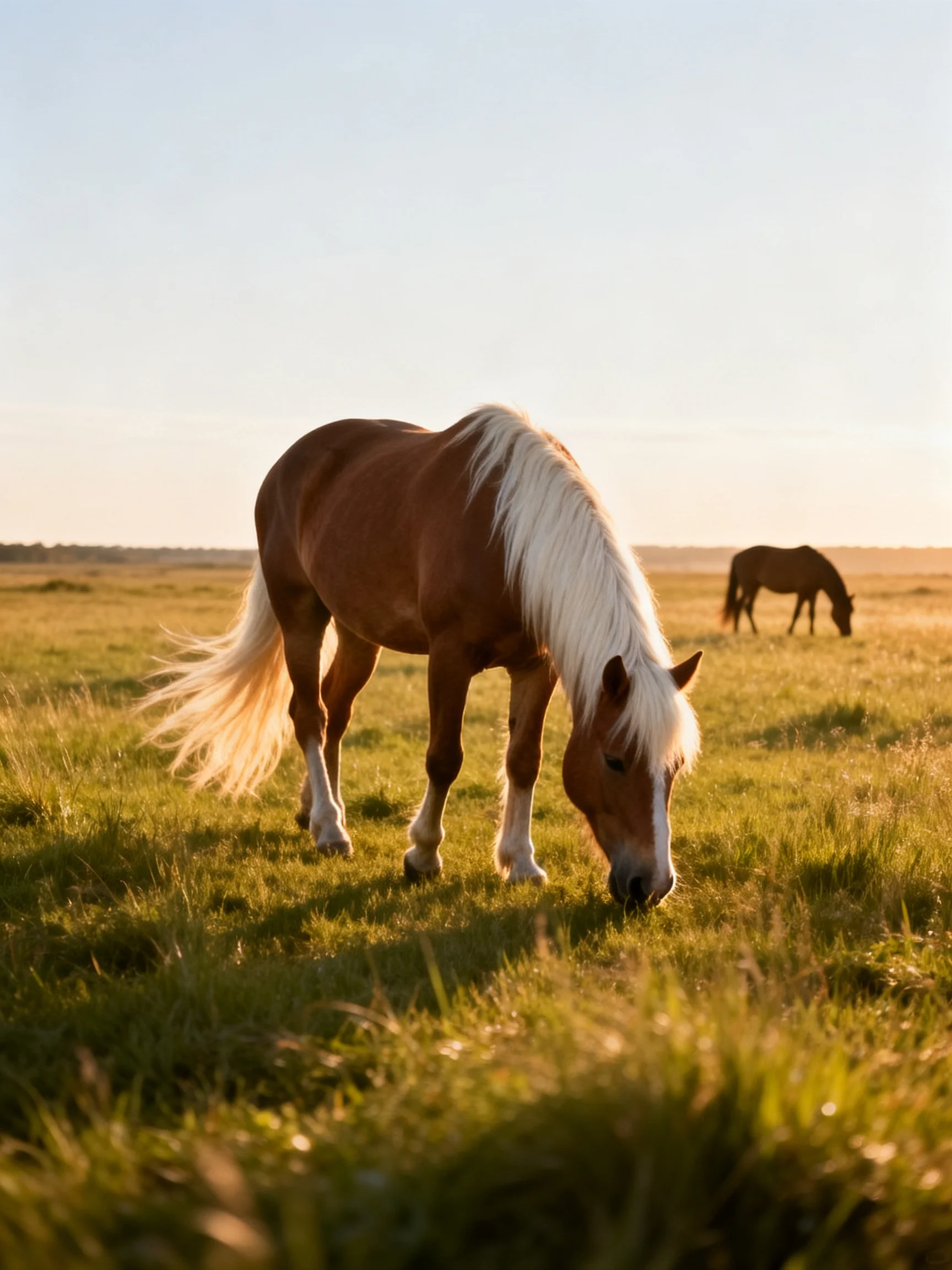 Two horses graze in a sunlit golden meadow