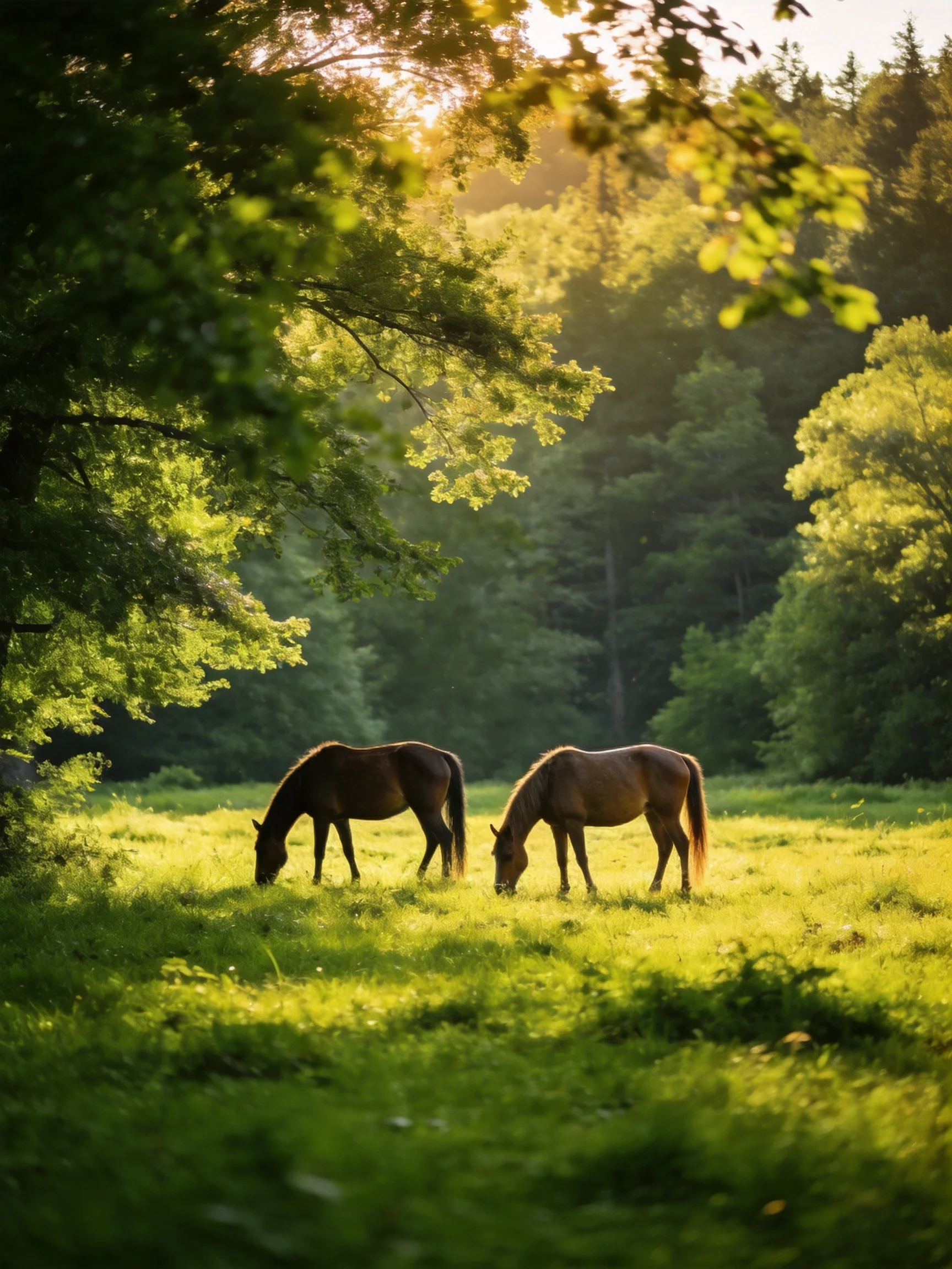 Horses graze in a sunlit meadow with forest surroundings