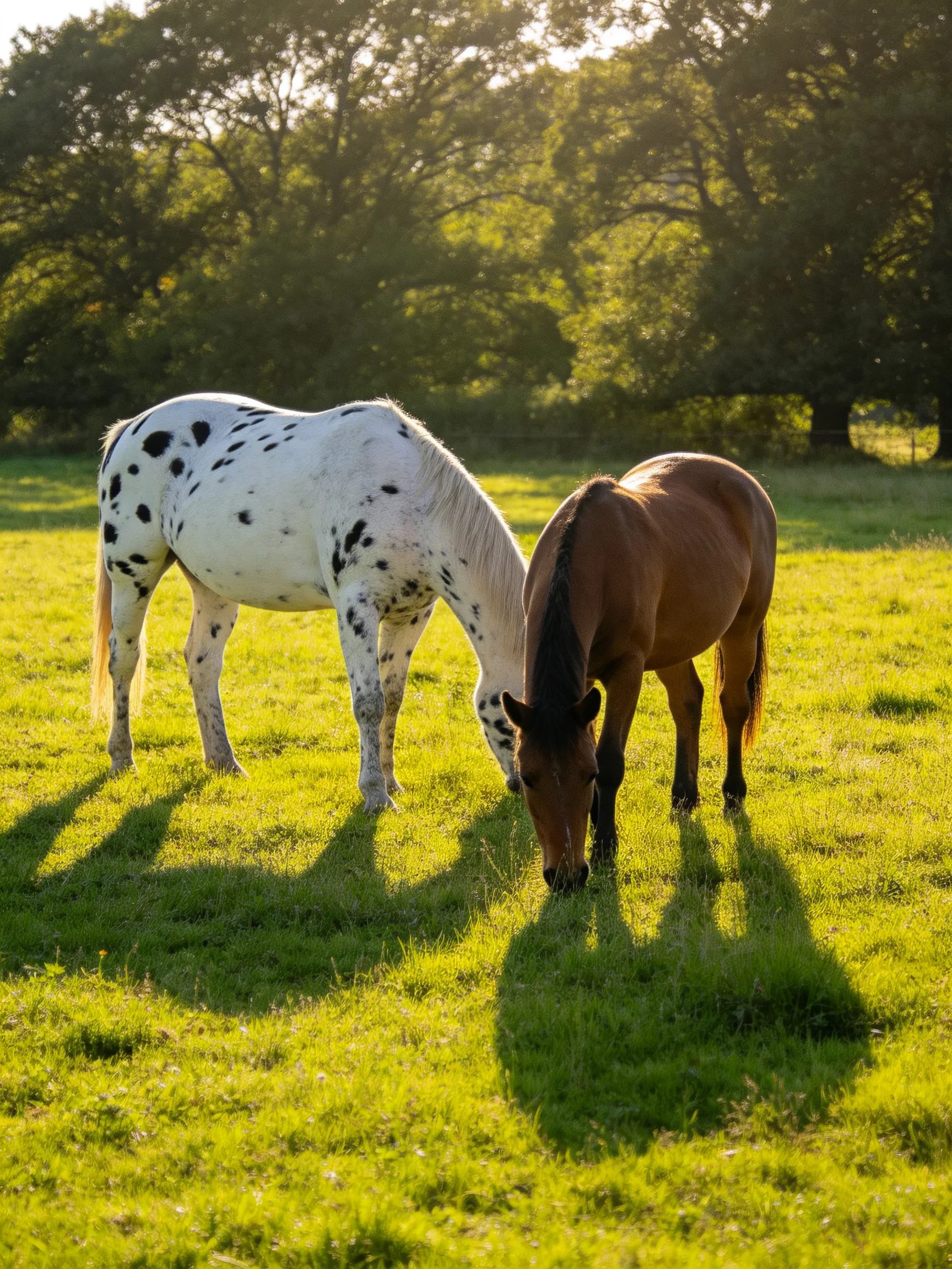Two horses graze in a sunlit green pasture near trees