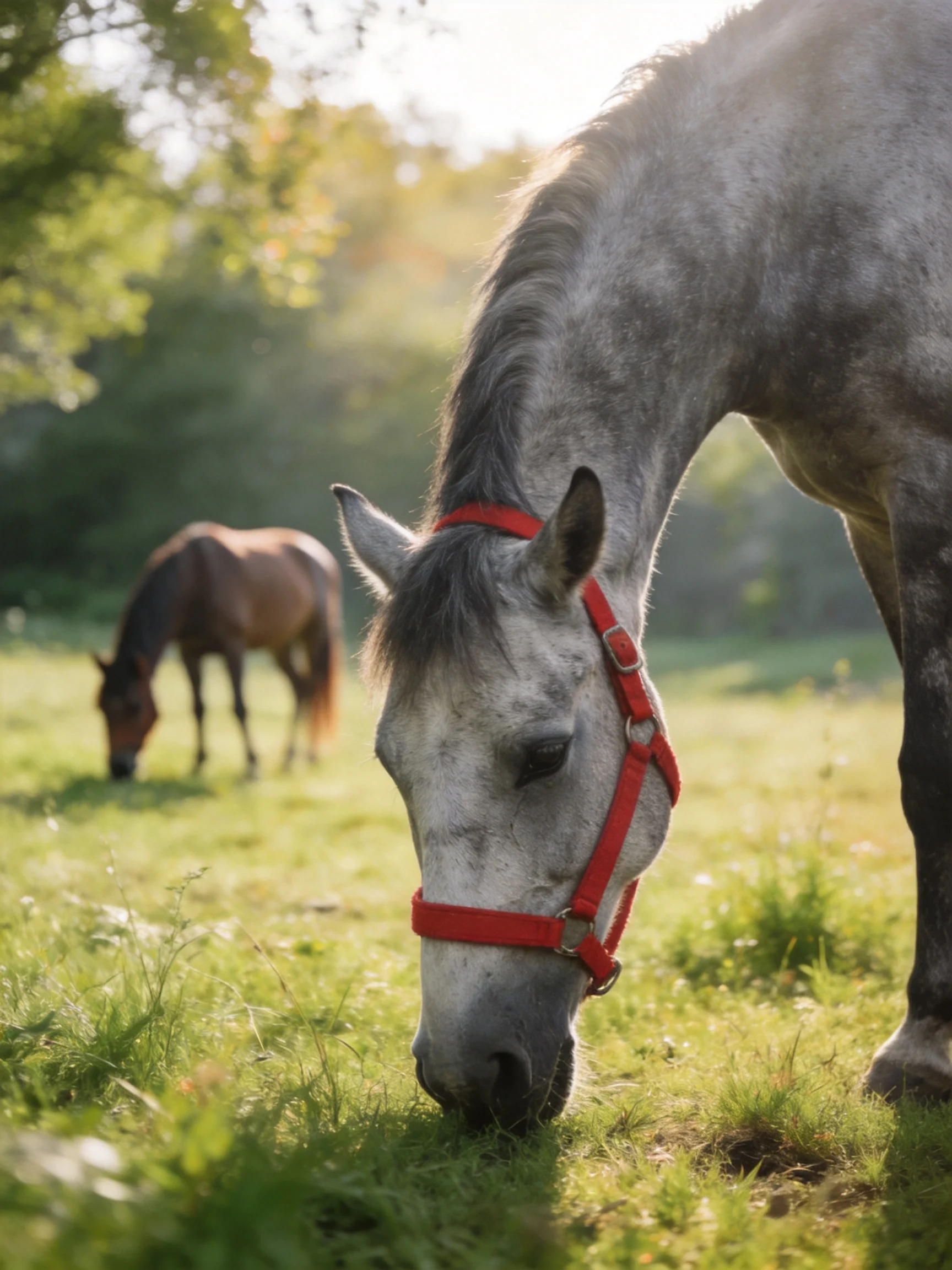 Two horses graze in a sunlit green pasture, one gray with red halter