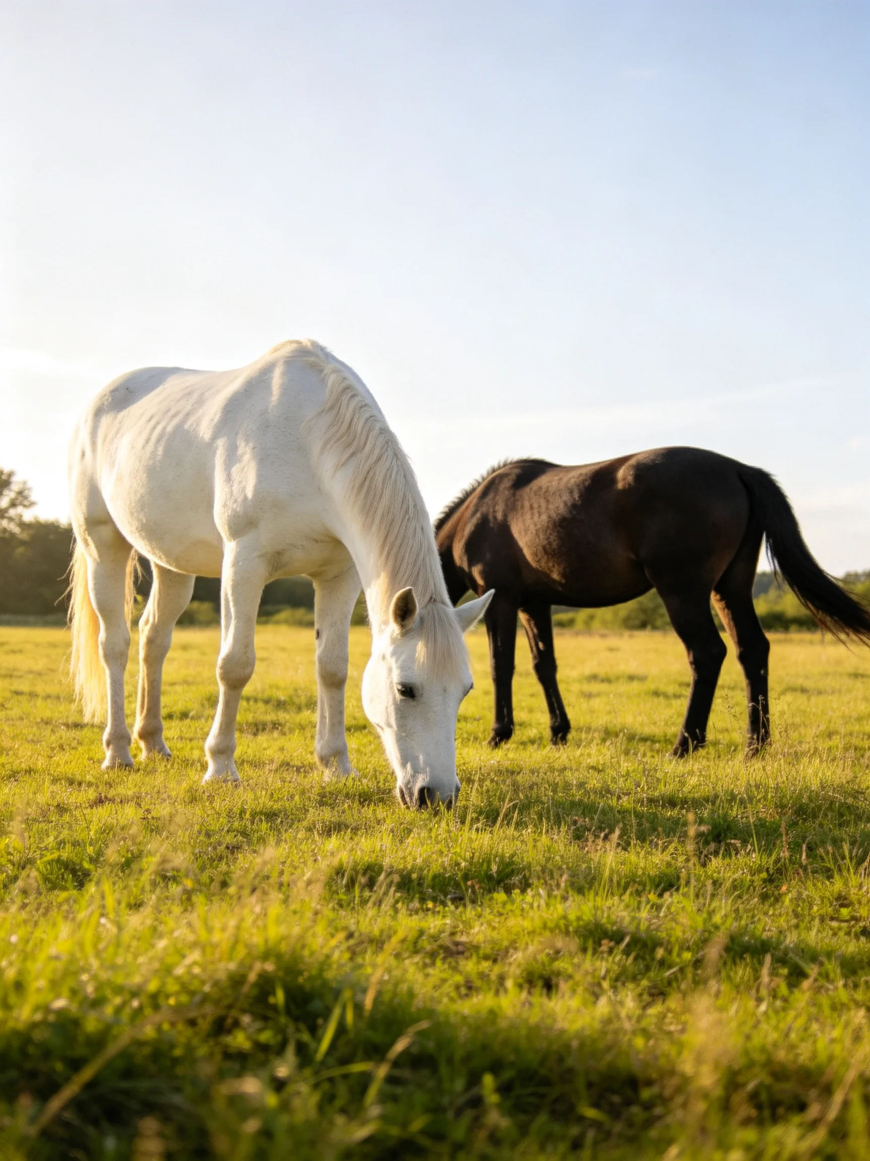 Two horses graze in a sunlit green pasture—one white, one dark brown