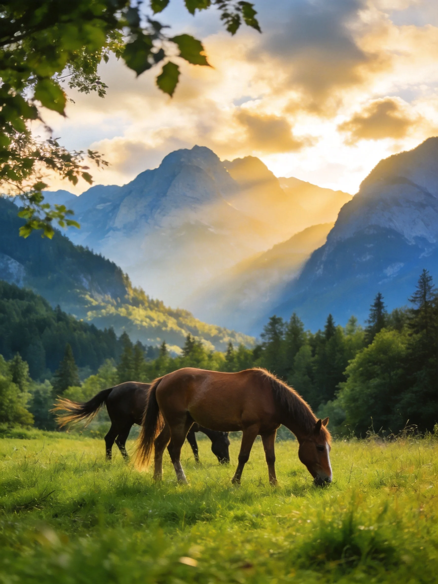 Horses graze in a sunlit meadow with mountainous backdrop
