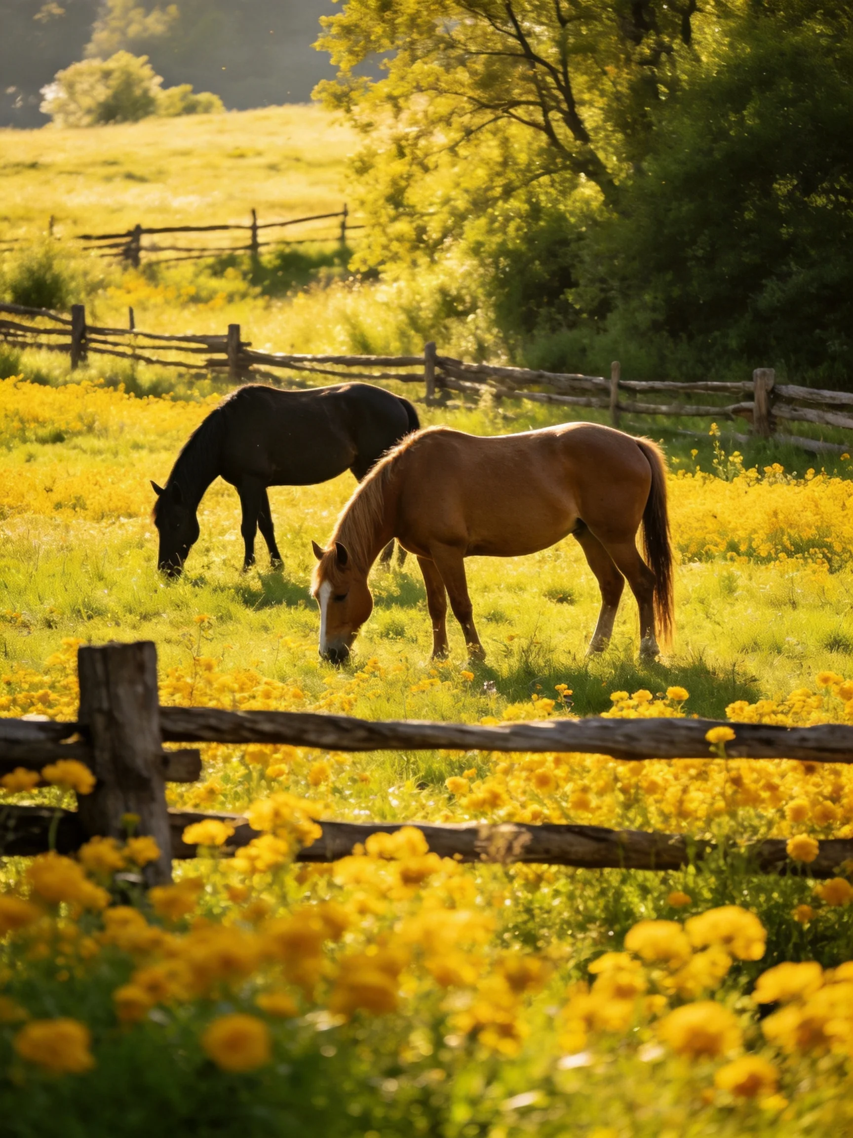 Two horses graze in a sunlit meadow with yellow wildflowers