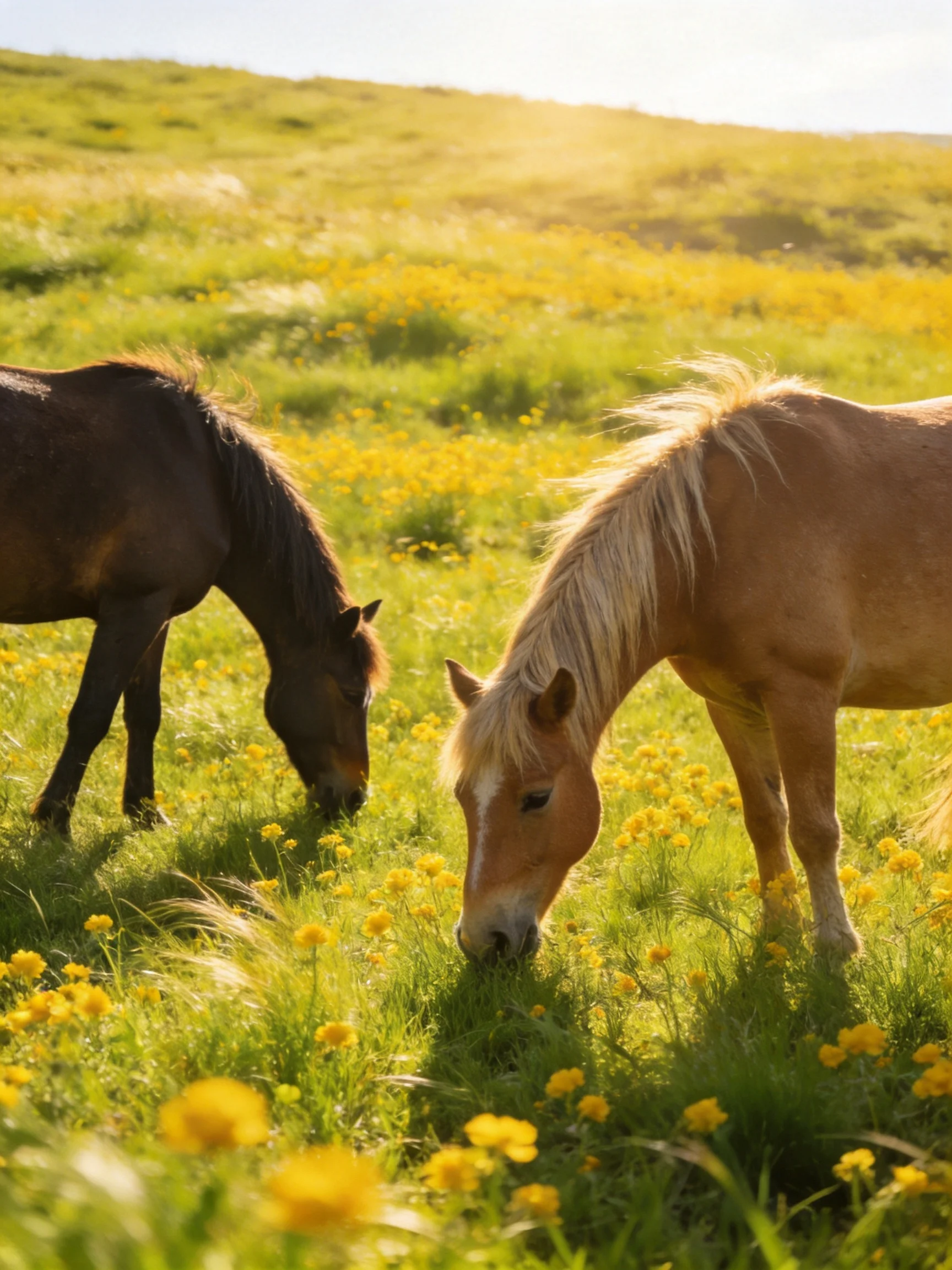 Two horses graze among yellow flowers in a sunlit meadow.