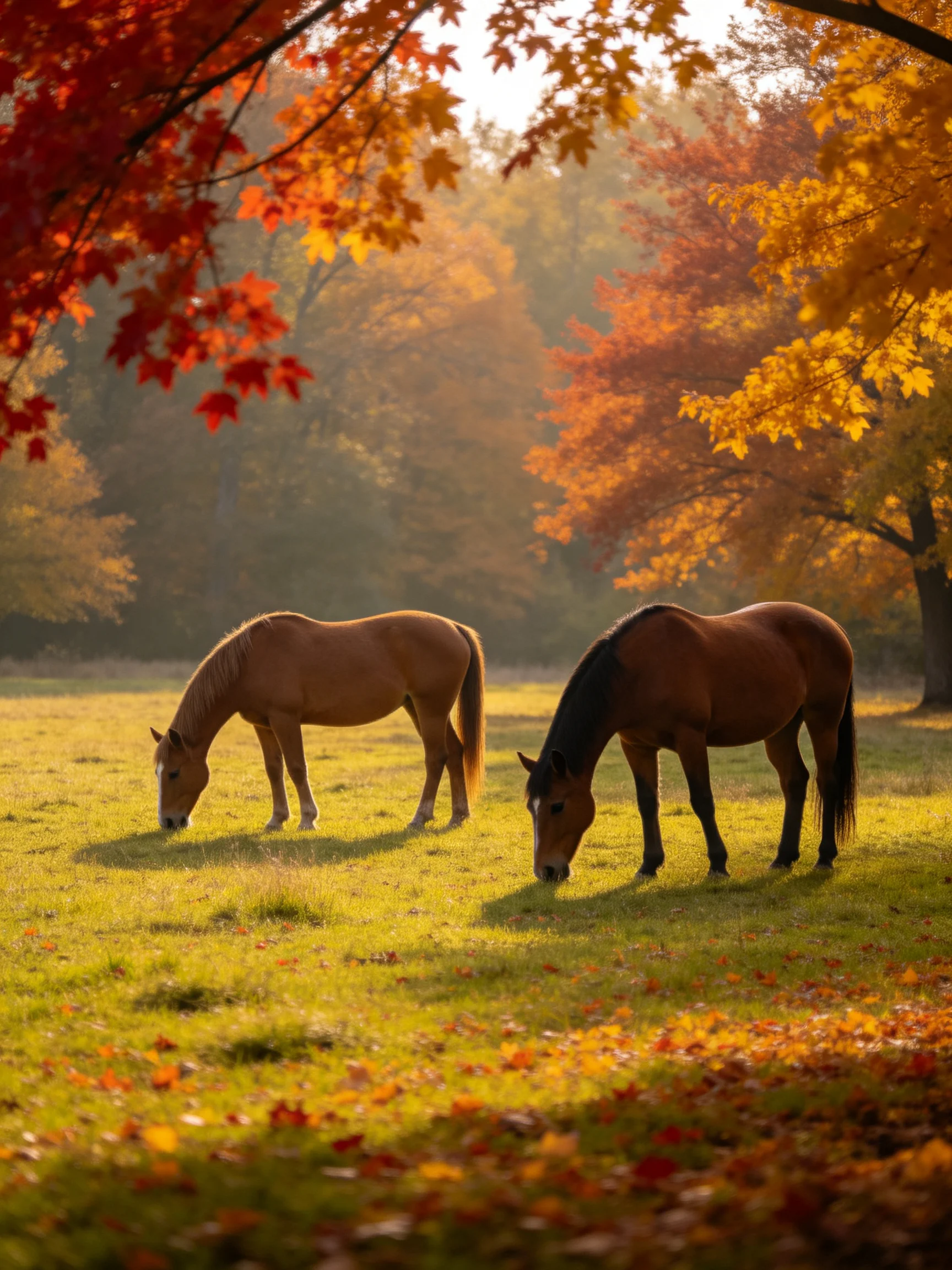 Two horses graze in a sunlit autumn meadow.