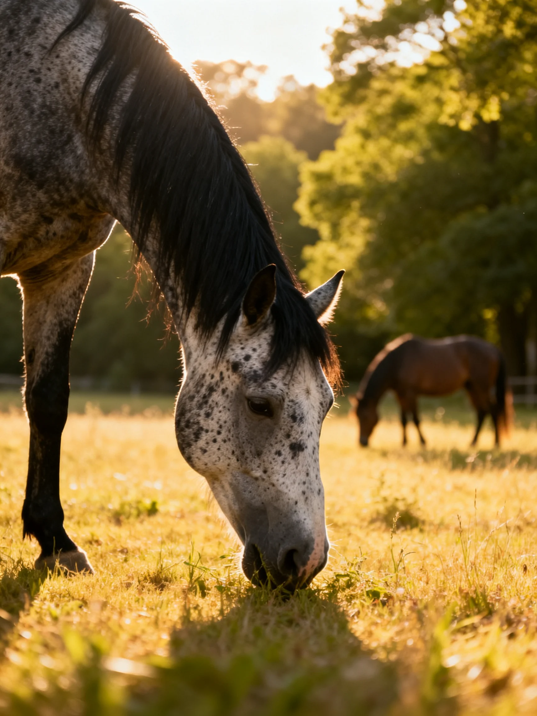 Two horses graze in a sunlit meadow with golden grass