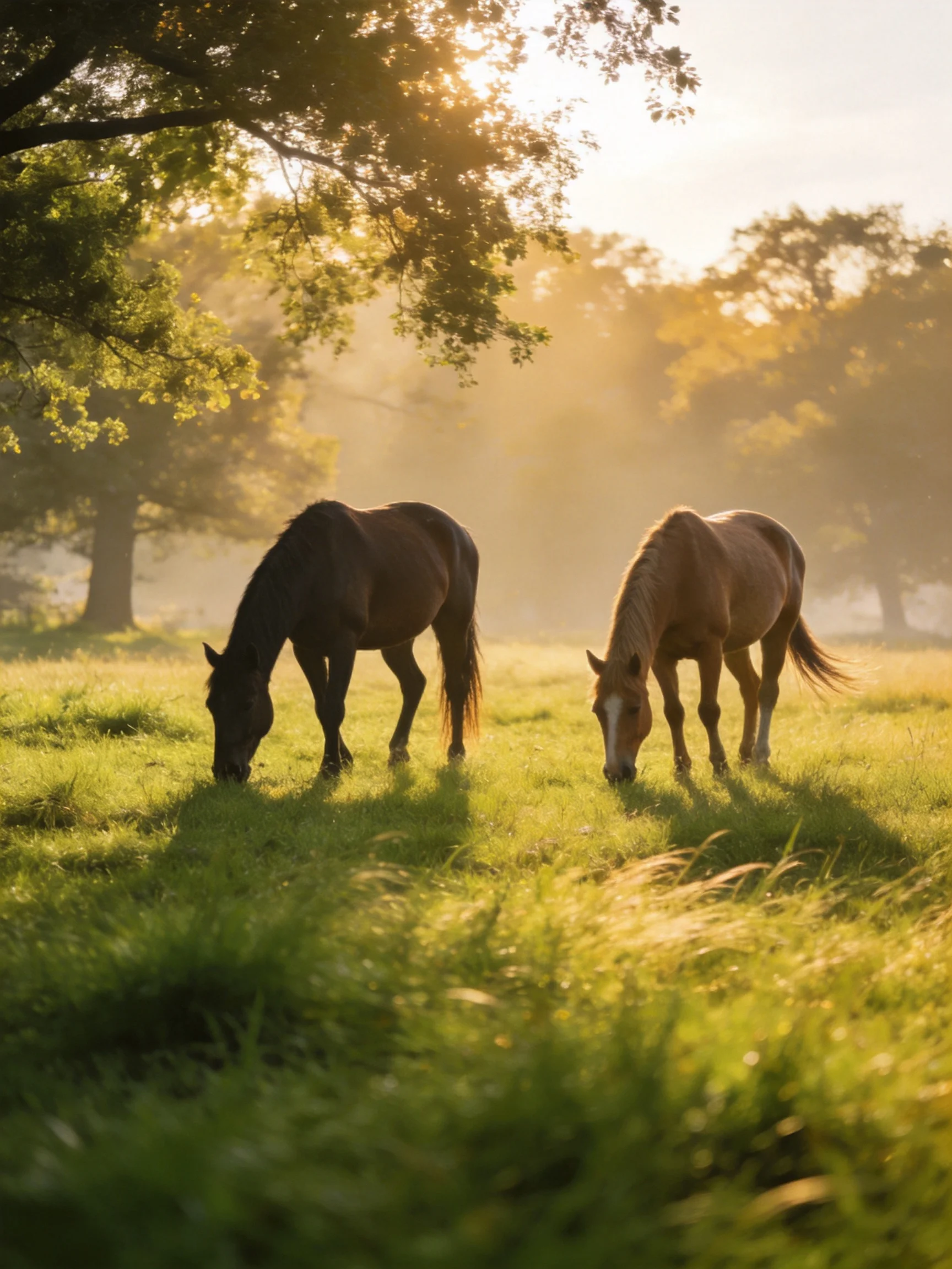 Two horses graze in a sunlit meadow with golden light and tall trees