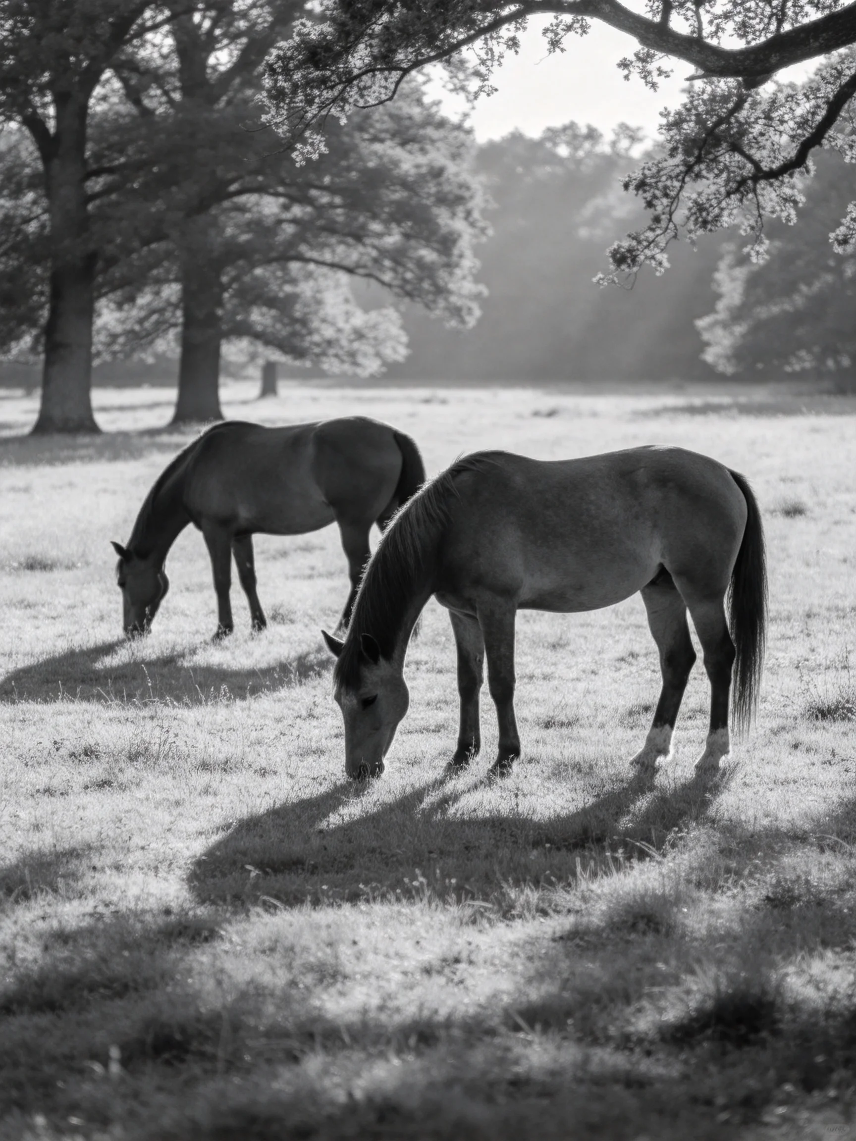 Two horses graze quietly in a sunlit meadow with trees.