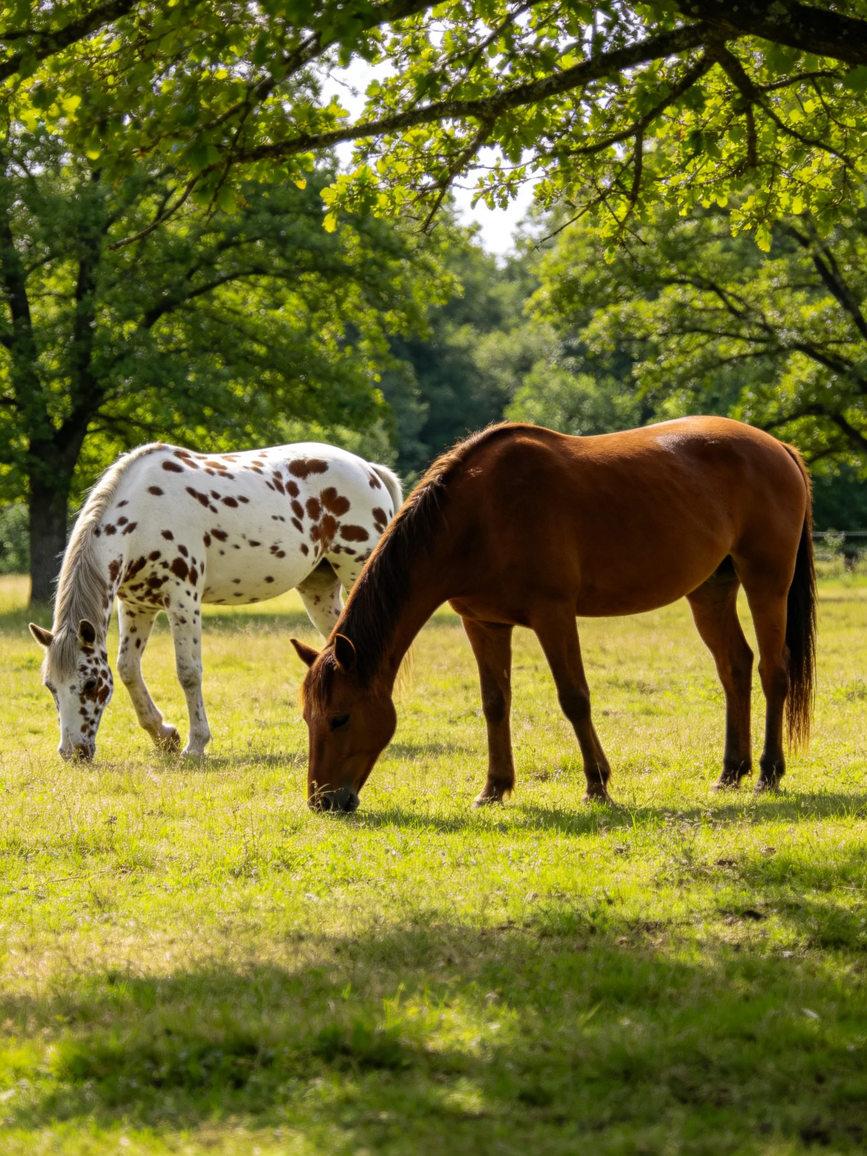 Two horses graze in a sunlit meadow surrounded by trees